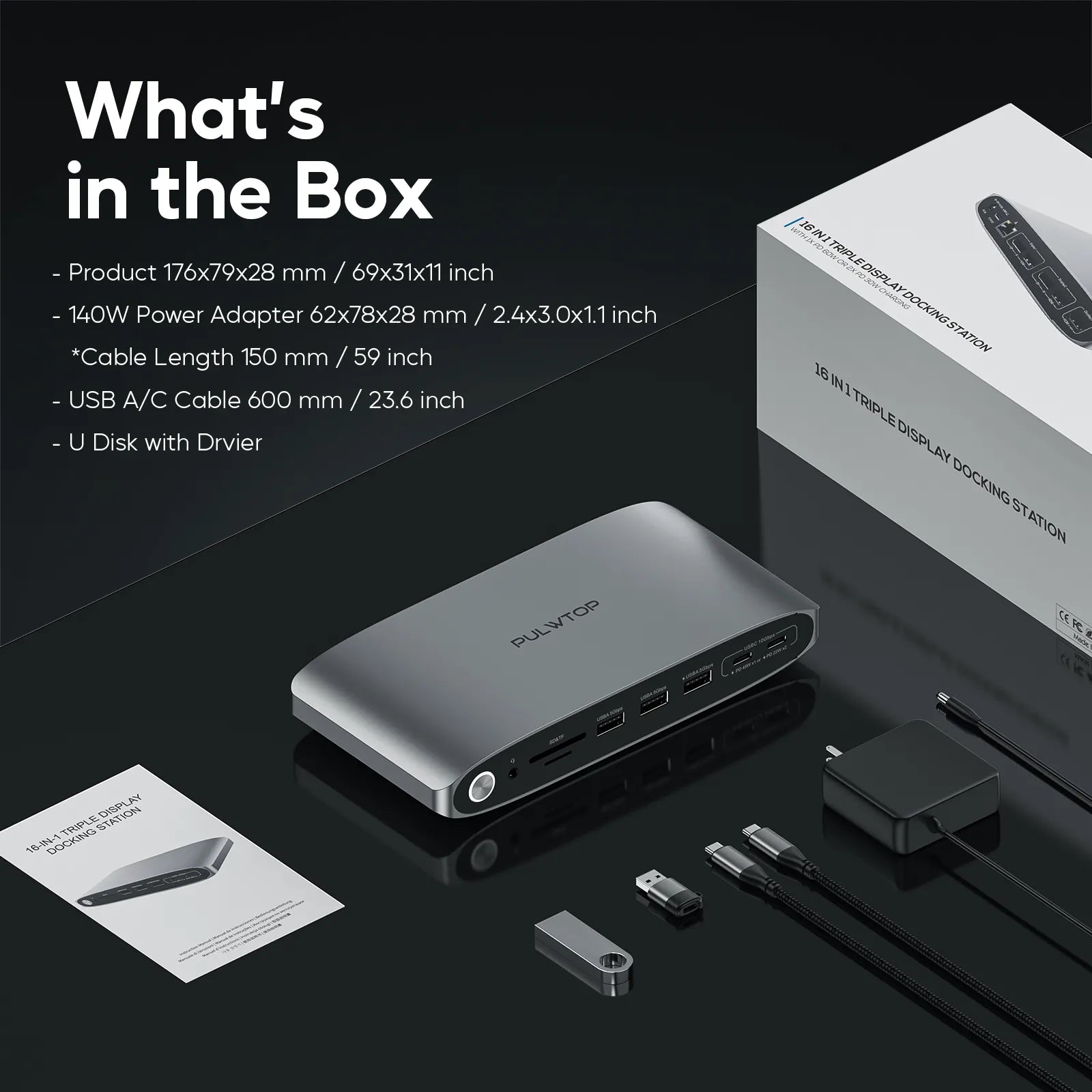 PULWTOP DisplayLink Docking Station Triple Monitor with 140W Power Adapter, 4K@60HZ Laptop USB C Docking Station