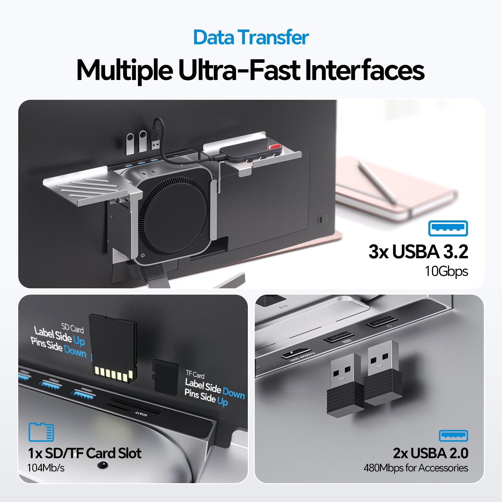 PULWTOP Mac mini M4 Dock & Stand, Metal Bracket Holder for Monitor, Desk and VESA Port (9-in-1, 8TB M.2 SSD case, HDMI 4K)