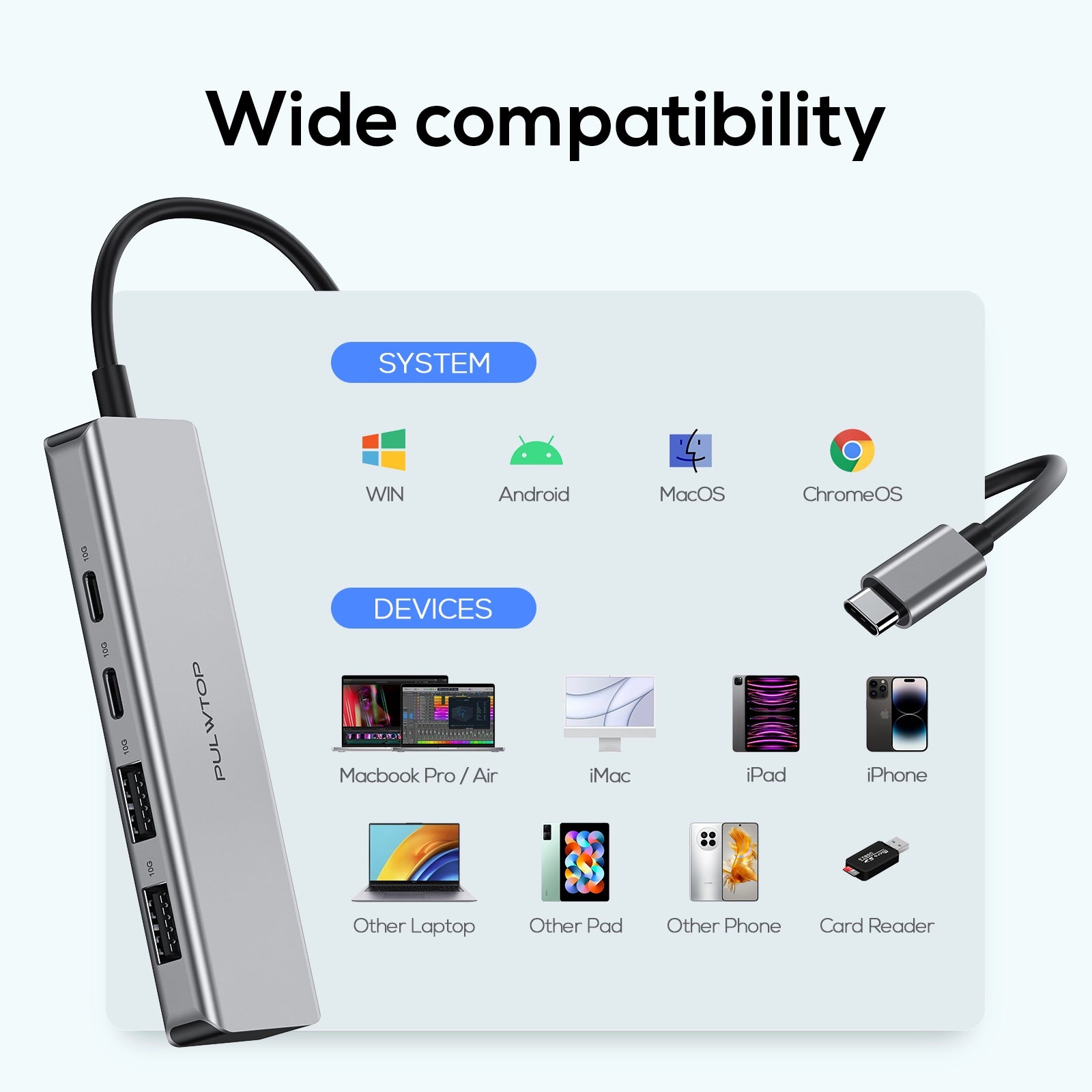 PULWTOP USB C Hub, 4-Port USB Type-C to USB C/A Hub, USB C Multi-Port Adapter for MacBook Pro/Air, iMac, iPad, Cell Phones, Dell, HP, Lenovo and more