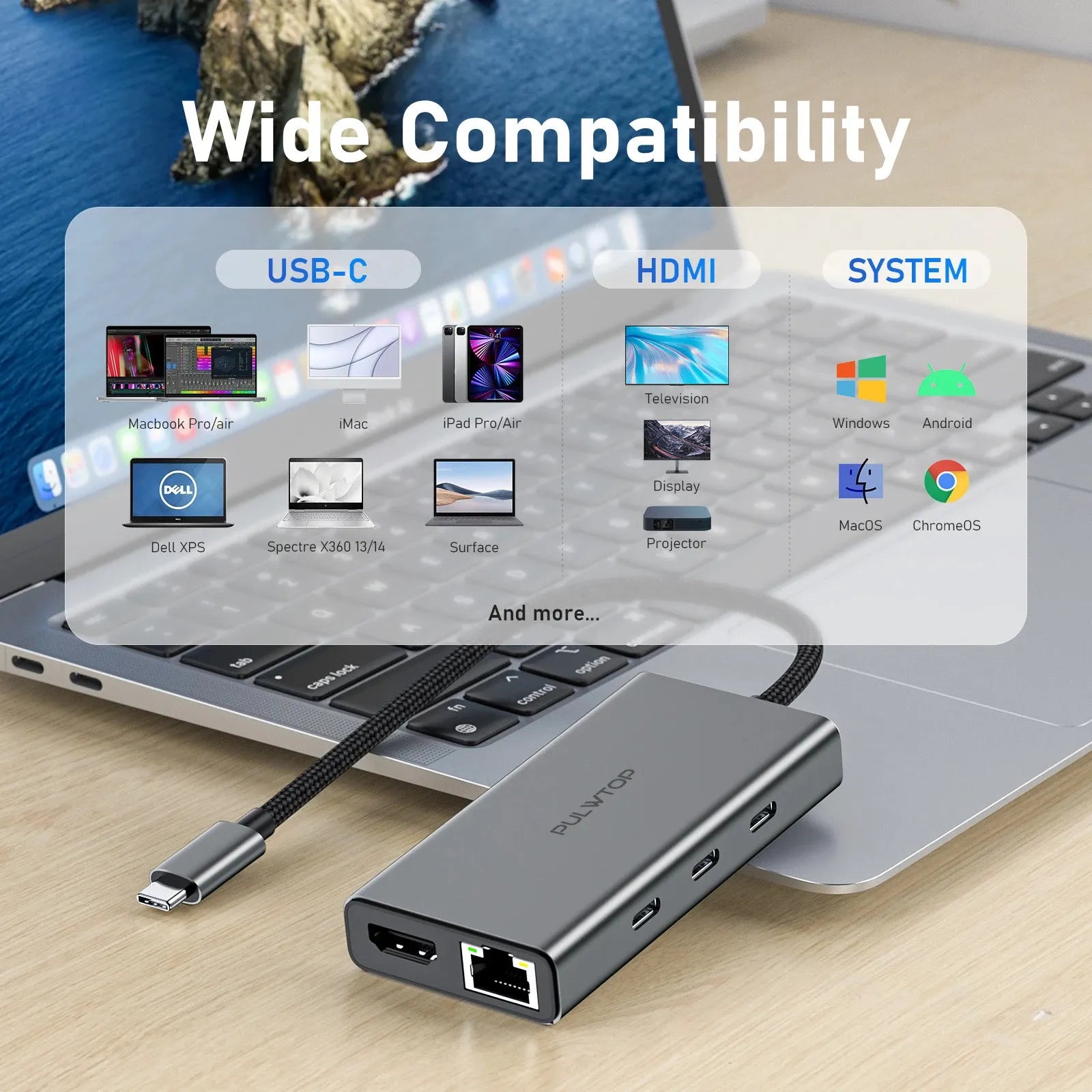 PULWTOP 6-in-1 USB C Hub Multiport Adapter for Laptop MacBook Air iPad Pro XPS