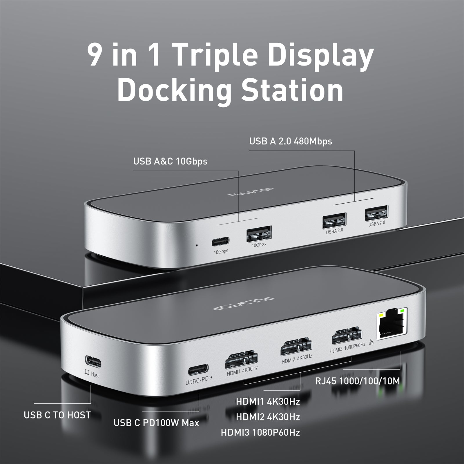 PULWTOP Triple Display USB C Dock, Docking Station 9 in 1