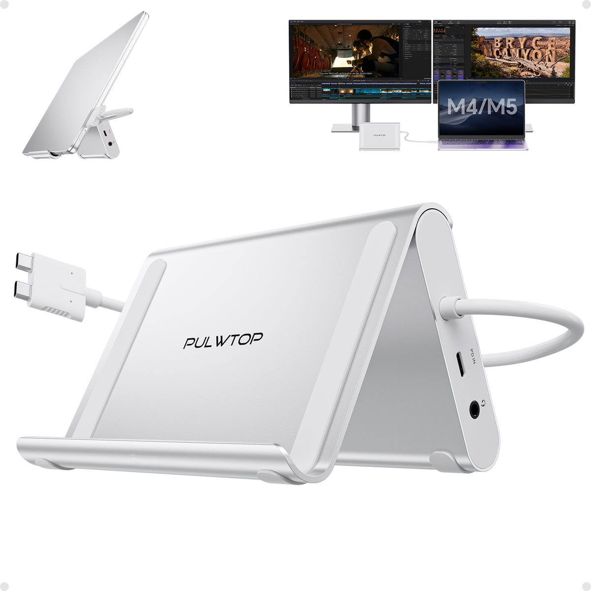 PULWTOP USB C Docking Station Dual Monitor for MacBook Pro/Air M4/M5 (2X 4K@60Hz HDMI, 10Gbps USB A/C) - Silver
