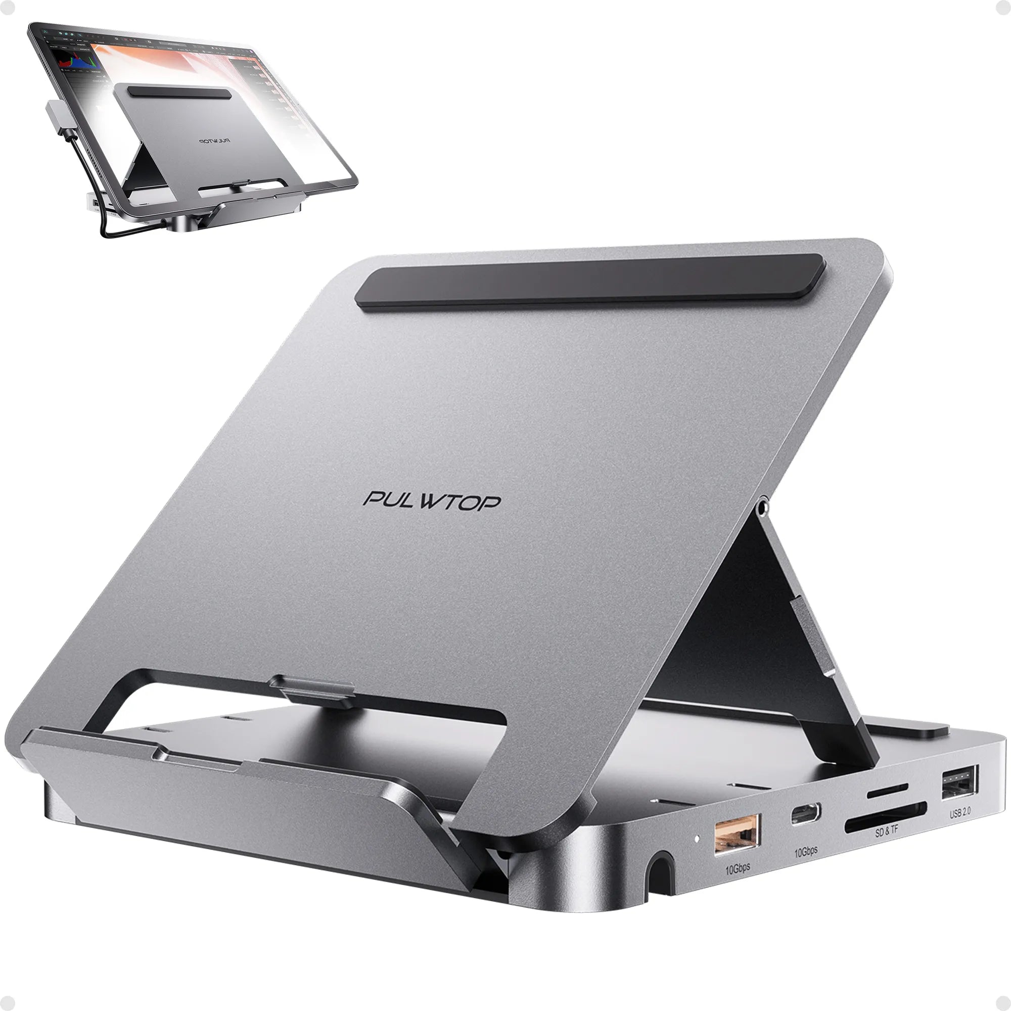 PULWTOP USB C Docking Station, With 4KHDMI, 100W PD Aluminum Hub with SSD Case, Foldable Stand Base for iPad