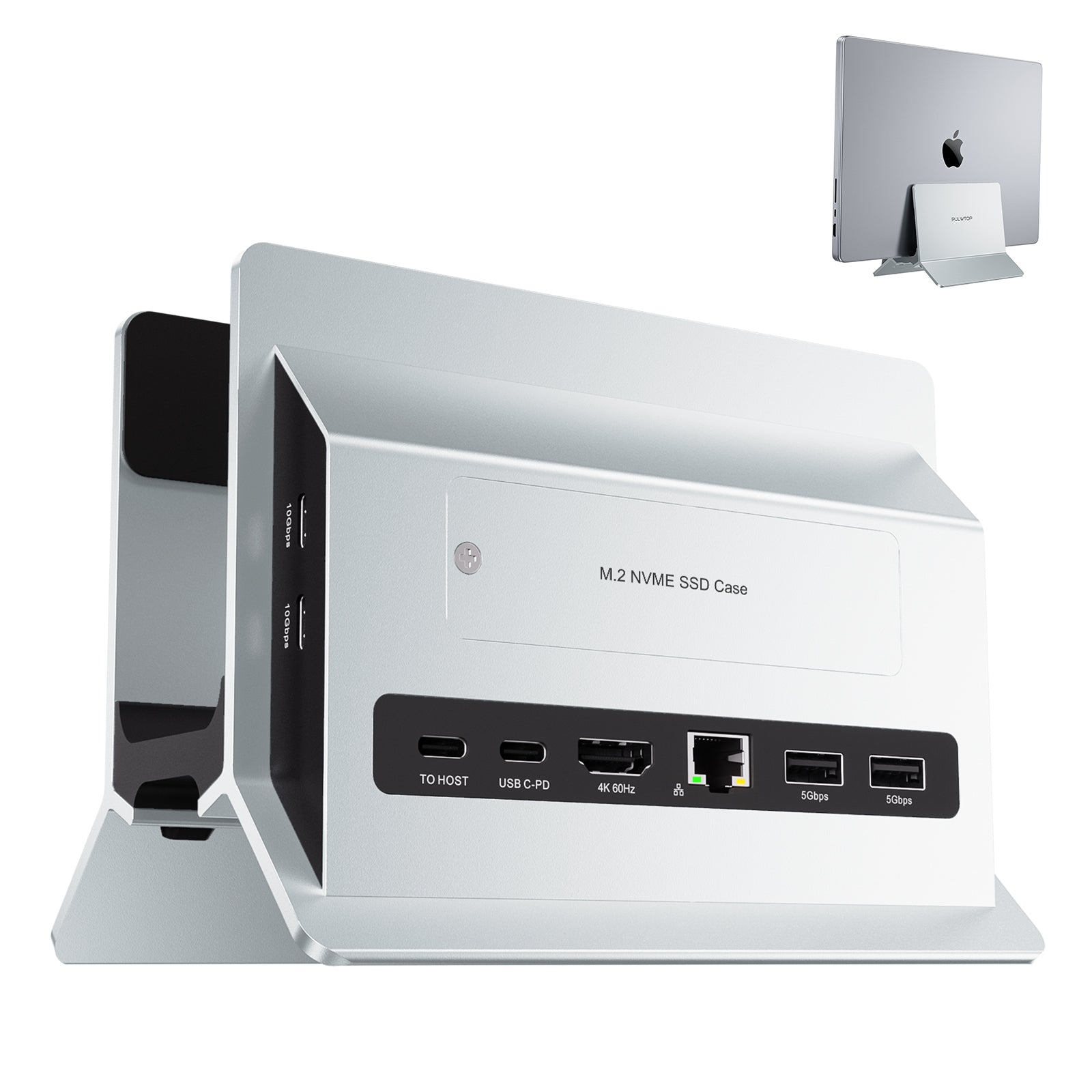 PULWTOP Vertical MacBook Docking Station,PULWTOP Docking Station Support Expand M.2 NVMe (Not Included),11 in 1 Docking Station for MacBook Pro/Air 4K@60Hz HDMI, 2USB C 10Gbps Silver