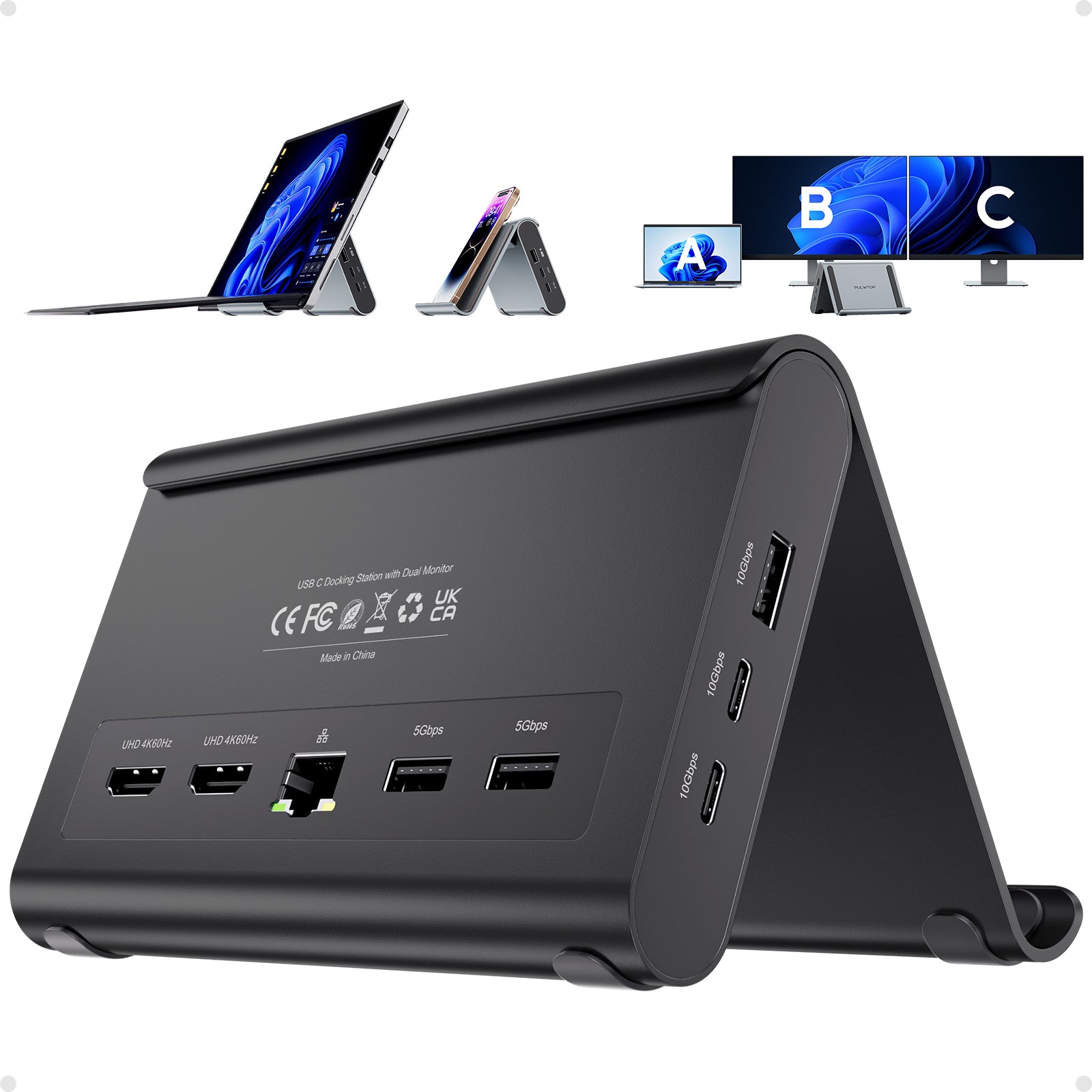 PULWTOP USB C Docking Station Dual Monitor for Windows & Microsoft Surface Pro 11/10/9/8 (HDMI, USB-C/A 10Gbps,  Ethernet)