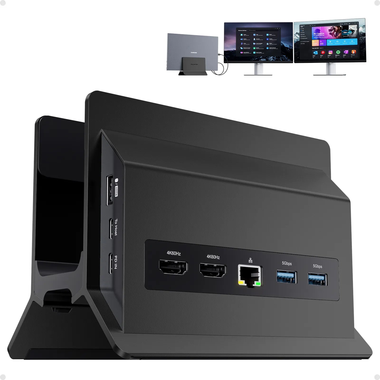 PULWTOP USB C Laptop Docking Station Dual Monitor, 11 in 1 Vertical Dock with 2 HDMI 4K, 3 USB A/C 10Gbps, 2USB-A 5Gbps, USB A 2.0, Ethernet, Docking Station Stand for Type-C Laptops - Black