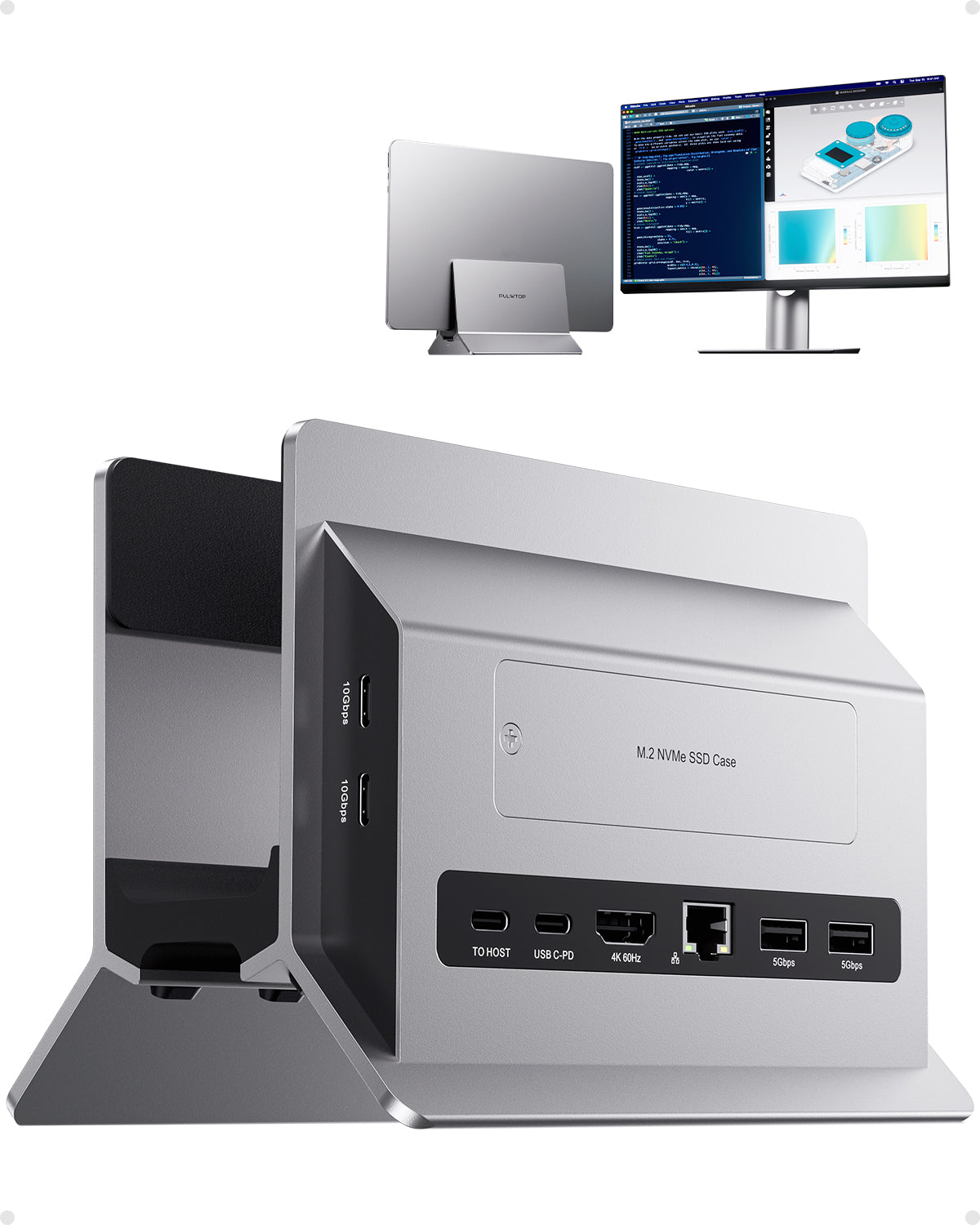 PULWTOP USB C docking station with vertical stand ( 11-in-1, HDMI, USB-C 10Gbps, M.2 NVME SSD case) Grey