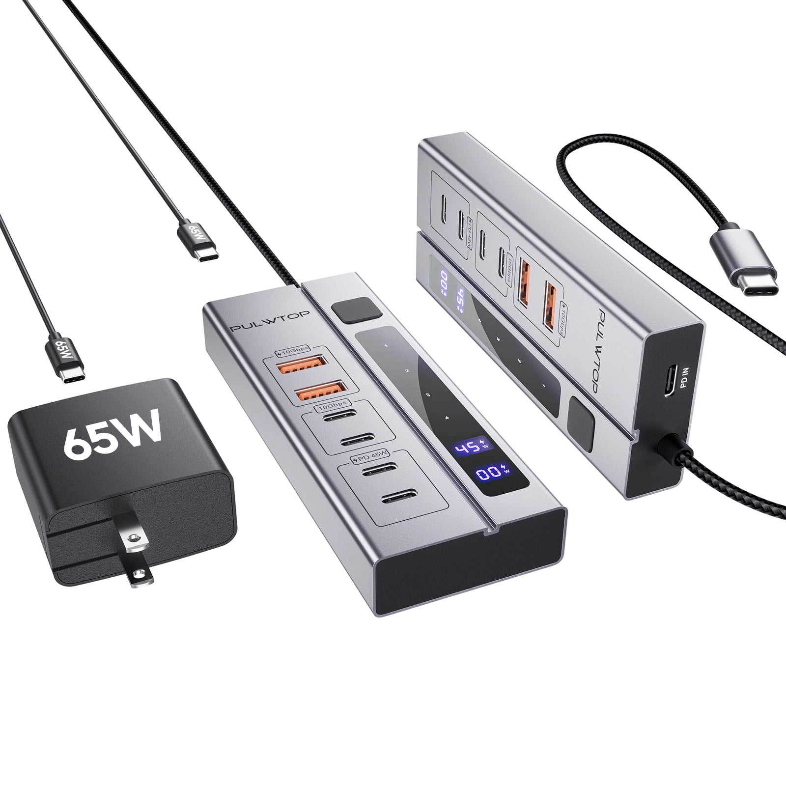 PULWTOP Powered USB C Hub with 65W PD-in Power Adapter