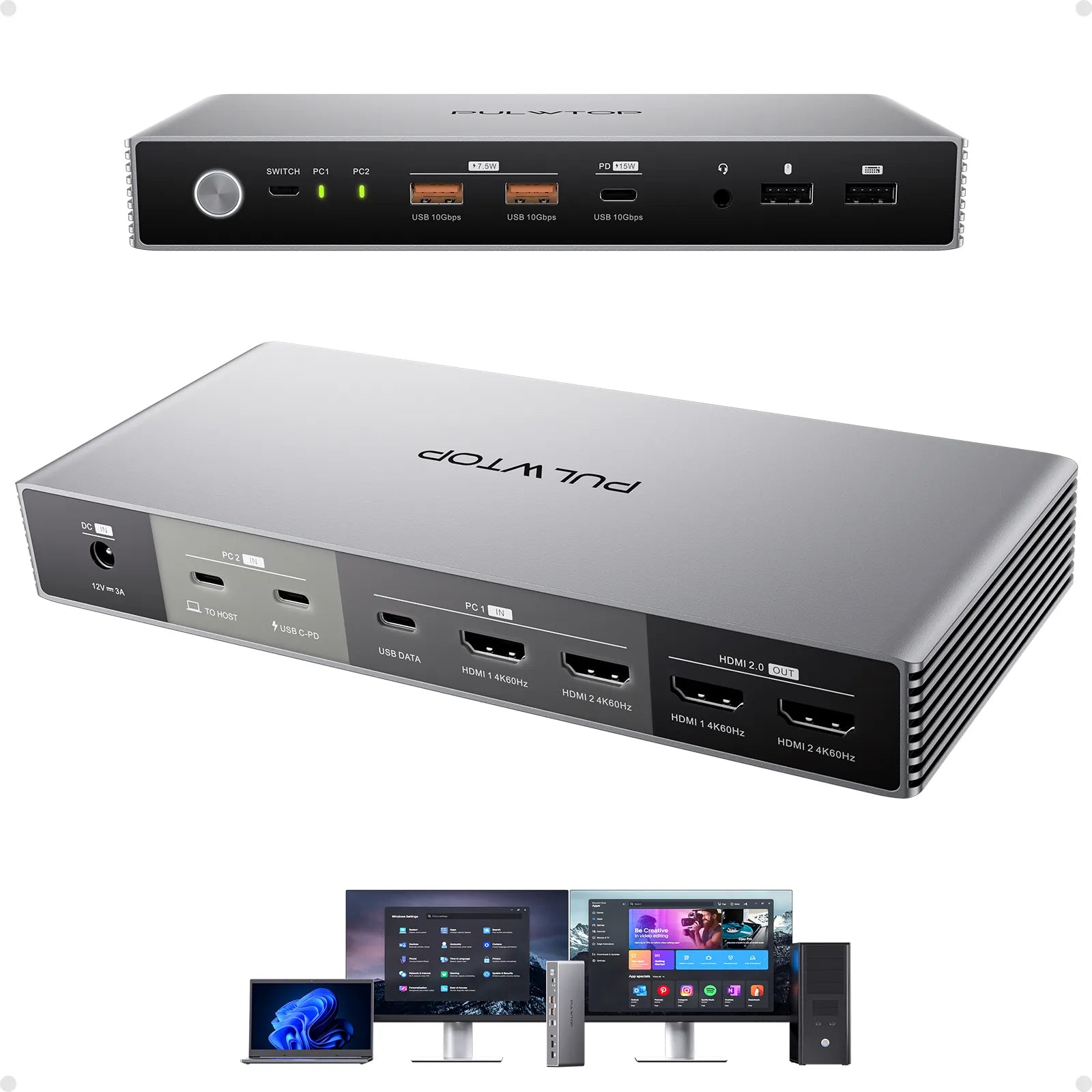 PULWTOP KVM Switch Docking Station for Laptop & Desktop, 4K EDID KVM Switches Dock Dual Monitor with 2 HDMI, USB A/C Gen2 10Gbps, 15W Charging, Audio, USB C Swtich Docking MST for Gaming Home Office