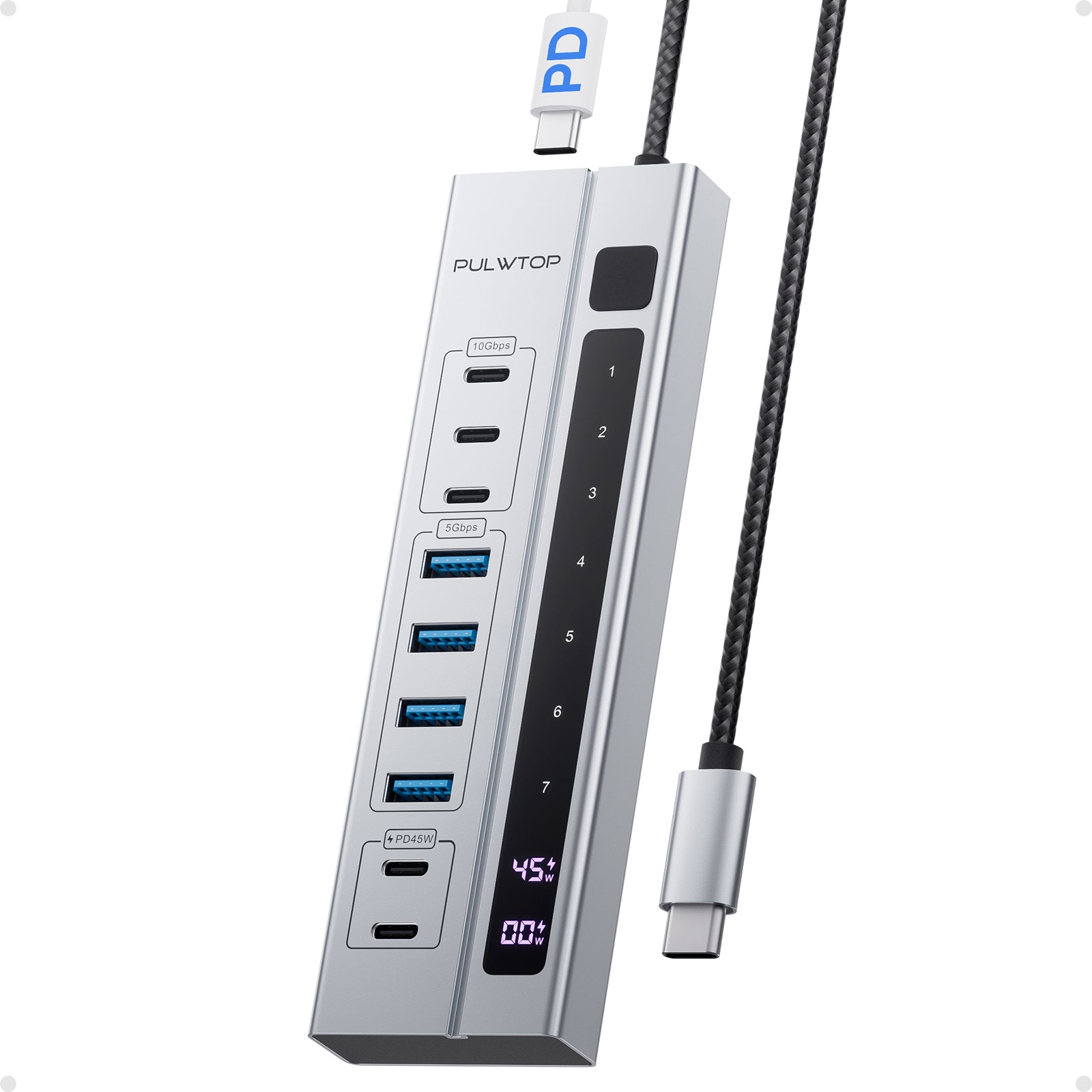 PULWTOP 9-in-1 USB 3.2 Data Hub, Power Adapter NOT Included, Powered USB C Hub with 3 x USB-C 10Gbps, 4 x USB-A 5Gbps and 2 x 24/45W USB-C PD Charging Ports USB Hub for MacBook Laptops Tablets