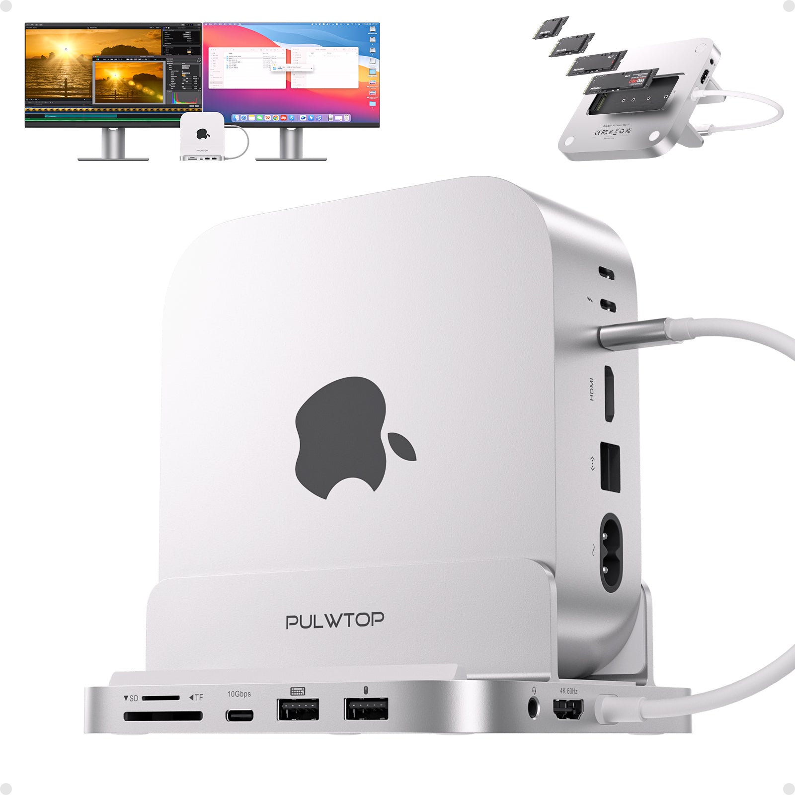 PULWTOP Mac Mini M4 Dock& Stand（9-in-1, M.2 SSD case, HDMI 4K, 10Gbps）