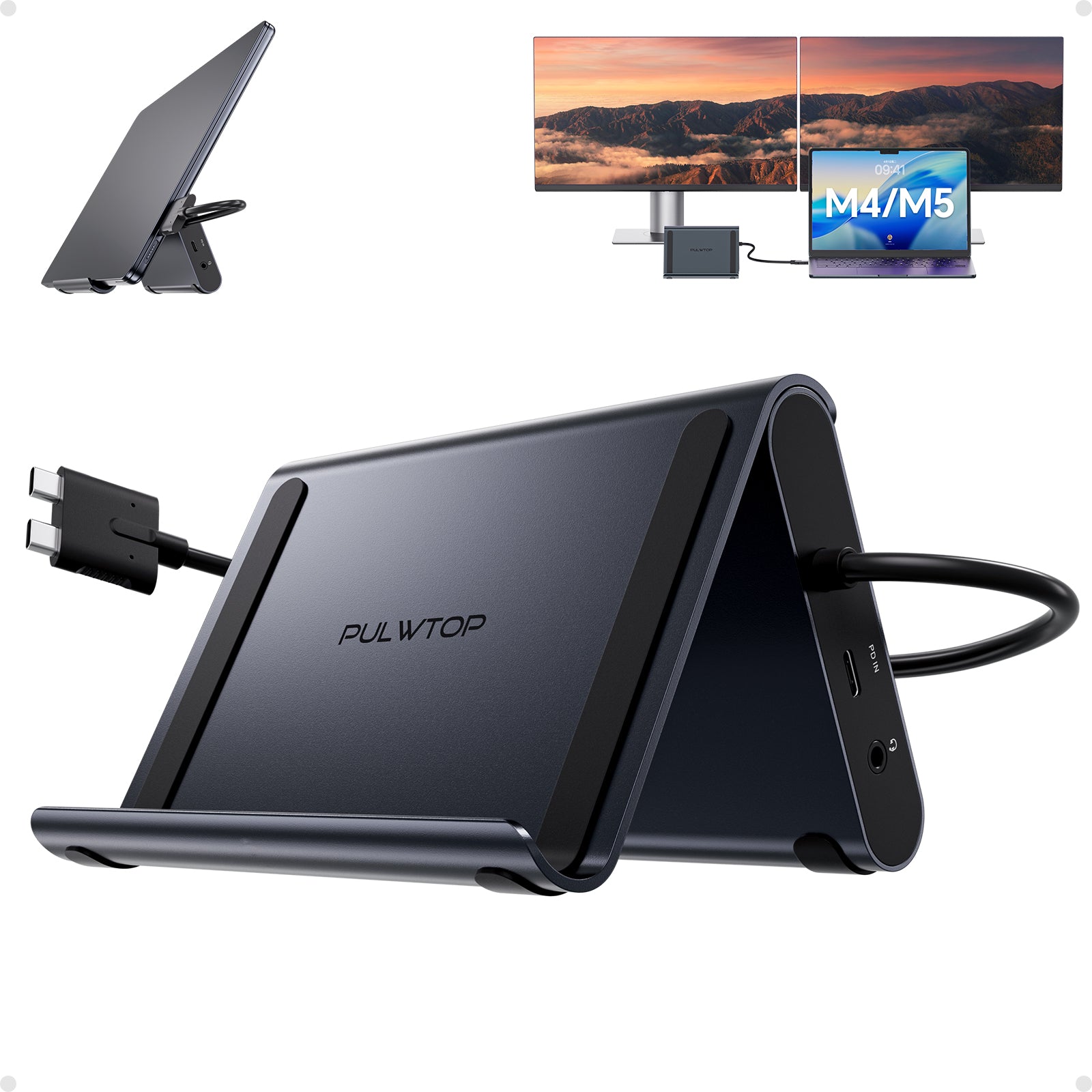 PULWTOP Macbook Docking Station Dual Monitor with 2×HDMI, 10Gbps USB-C/A, Ethernet, Audio for MacBook Pro/Air M4/M5 – Midnight
