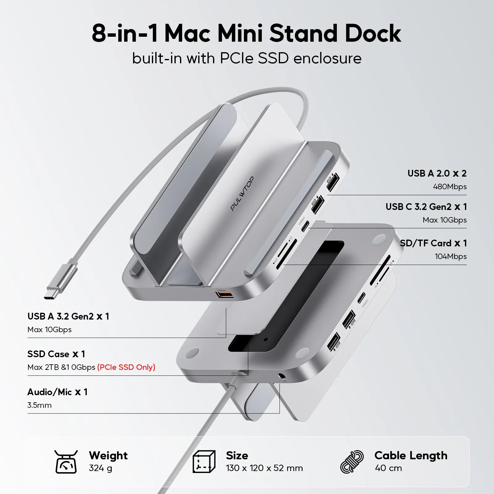 PULWTOP 8-in-1 Vertical Mac Mini Dock ,Mac Mini Hub Stand with M.2 PCIe NVMe SSD Enclosure