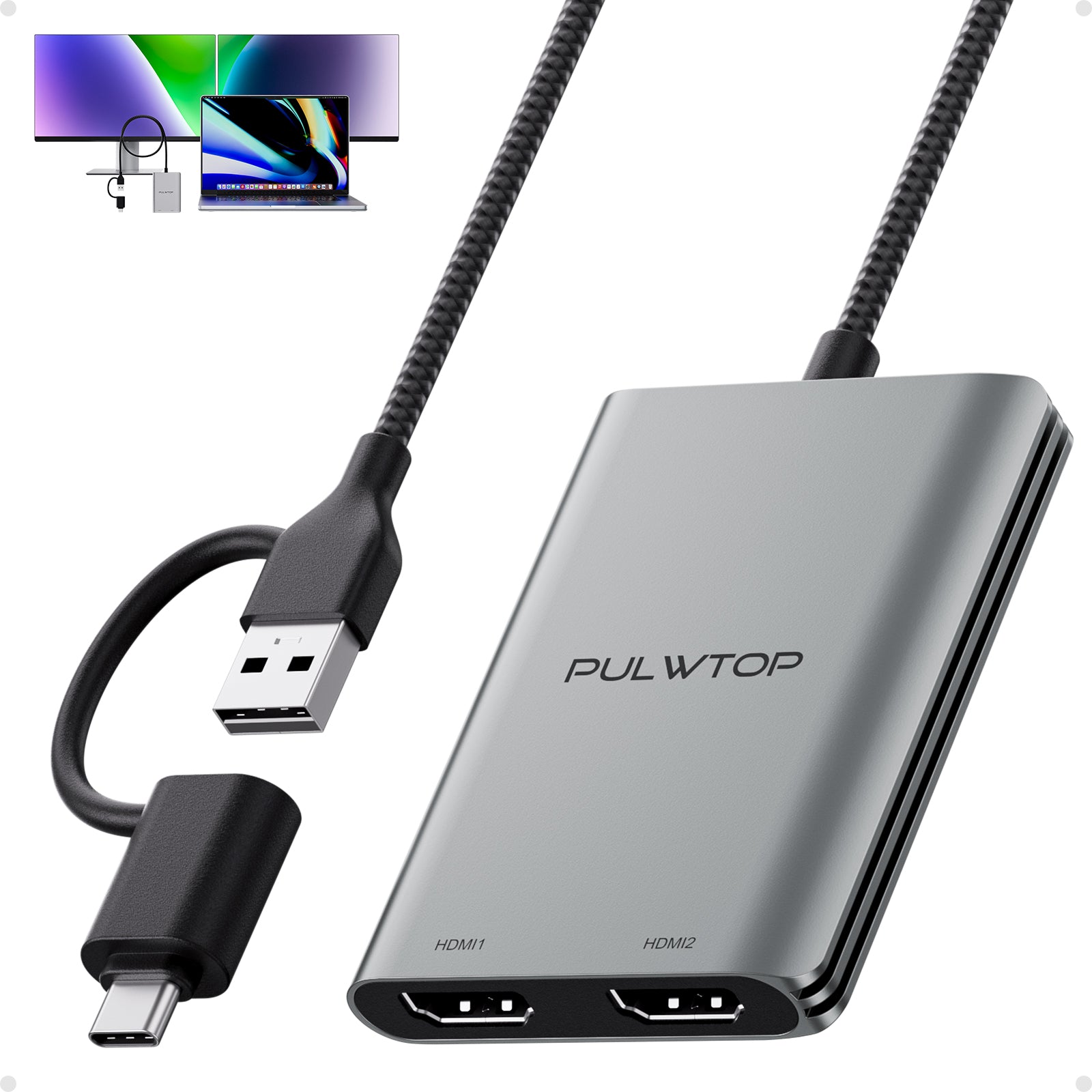 PULWTOP Displaylink Adapter, USB C to HDMI Adapter with Dual Monitor for Mac M1/M2/M3/M4, USB C to Dual HDMI for MacBook, Laptops, iMac,  Driver Required