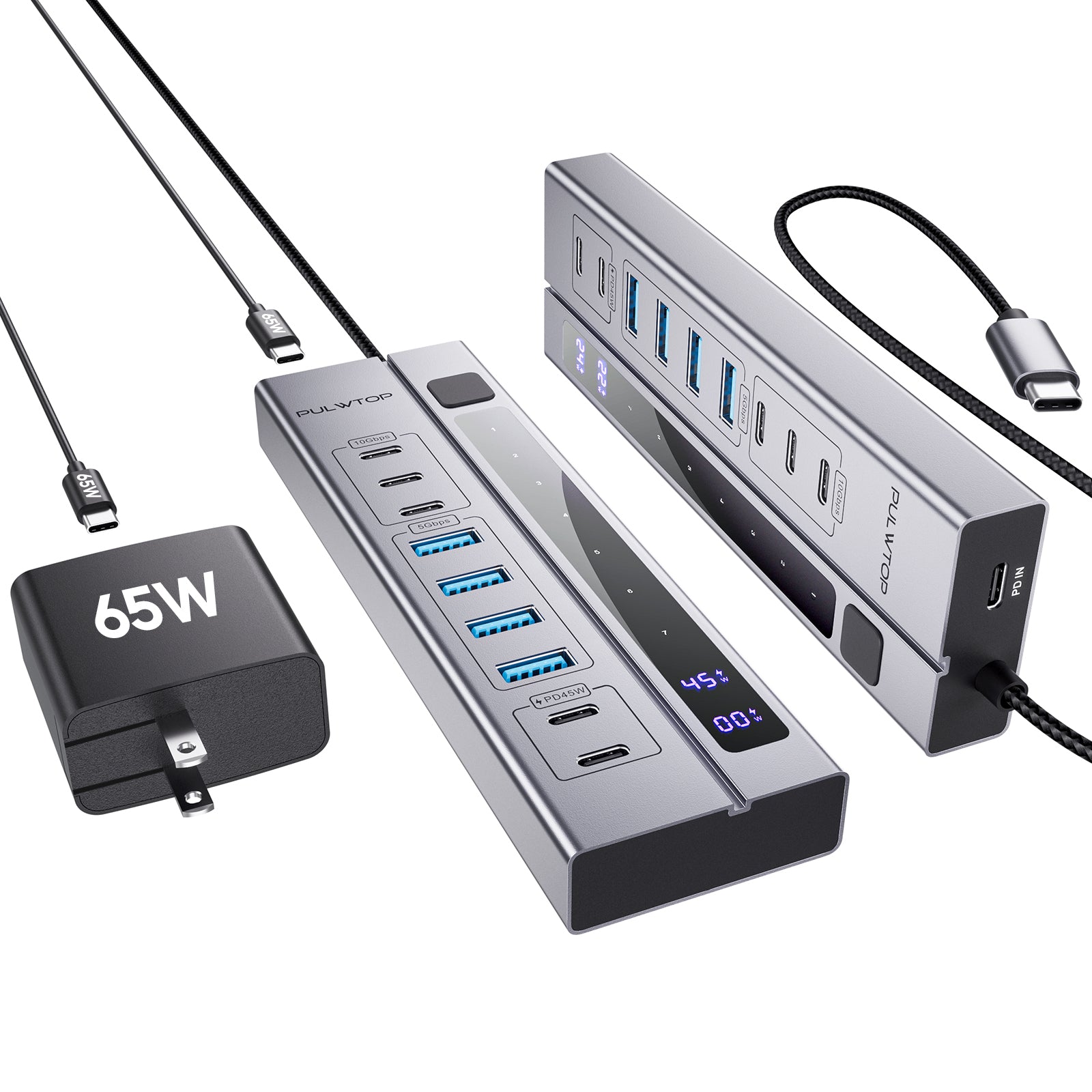 PULWTOP 9-in-1 Powered USB C Hub, USB 3.2 Data Hub with 65W PD-in Power Adapter