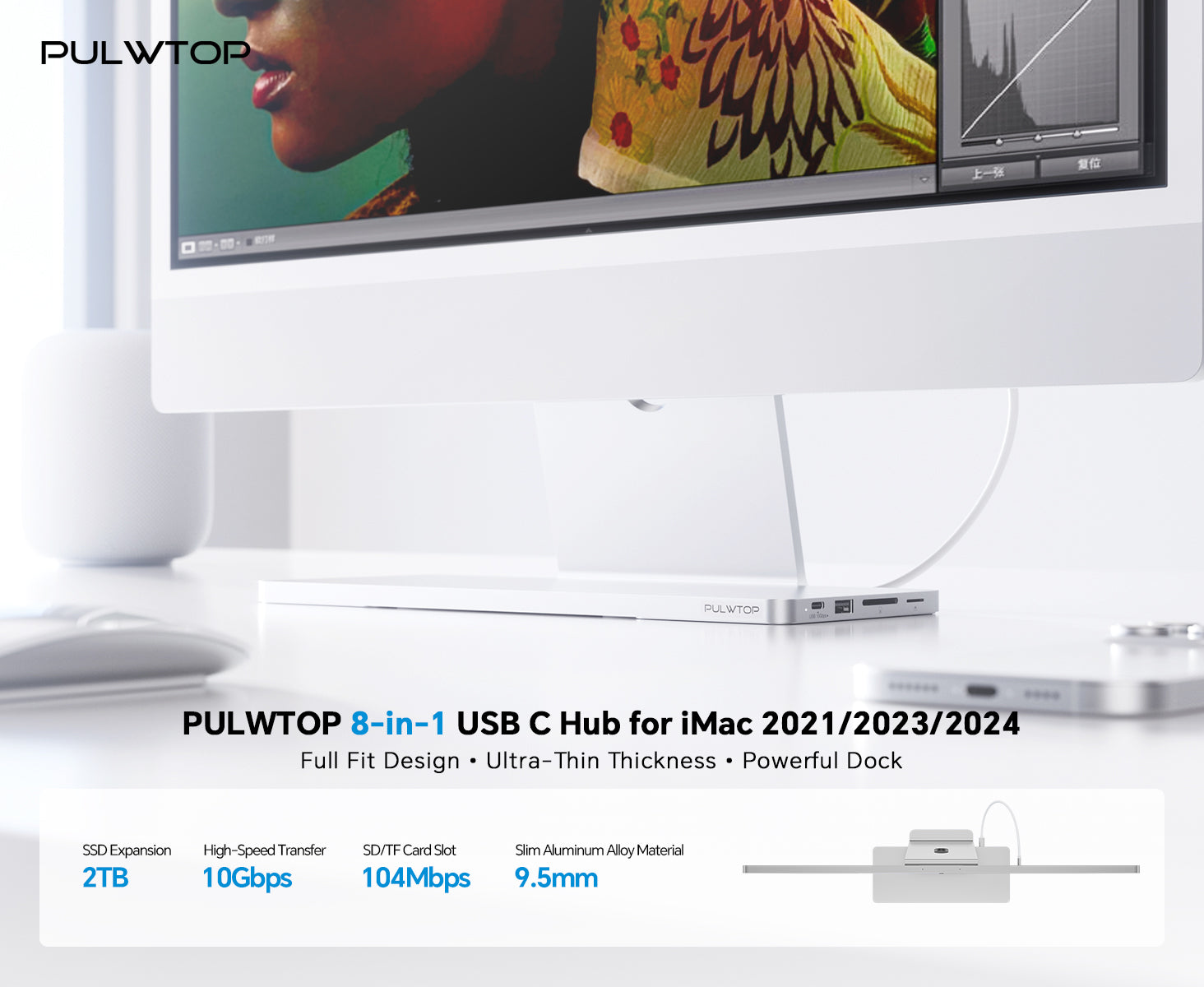 PULWTOP USB C Hub & iMac M1 M3 M4 Slim Dock Accessories ( 8 in 1, Silv