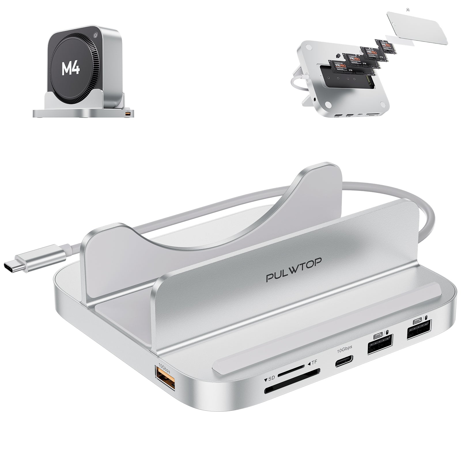 PULWTOP Mac Mini M4 Hub with M.2 SSD Enclosure, 8-in-1 Vertical USB-C Hub Accessories for Mac Mini M4 Pro 2024 Dock Stand with USB A/C 3.2 10Gbps, 2 x USB A 2.0, 3.5mm Audio Mic, SD/TF Card Readers