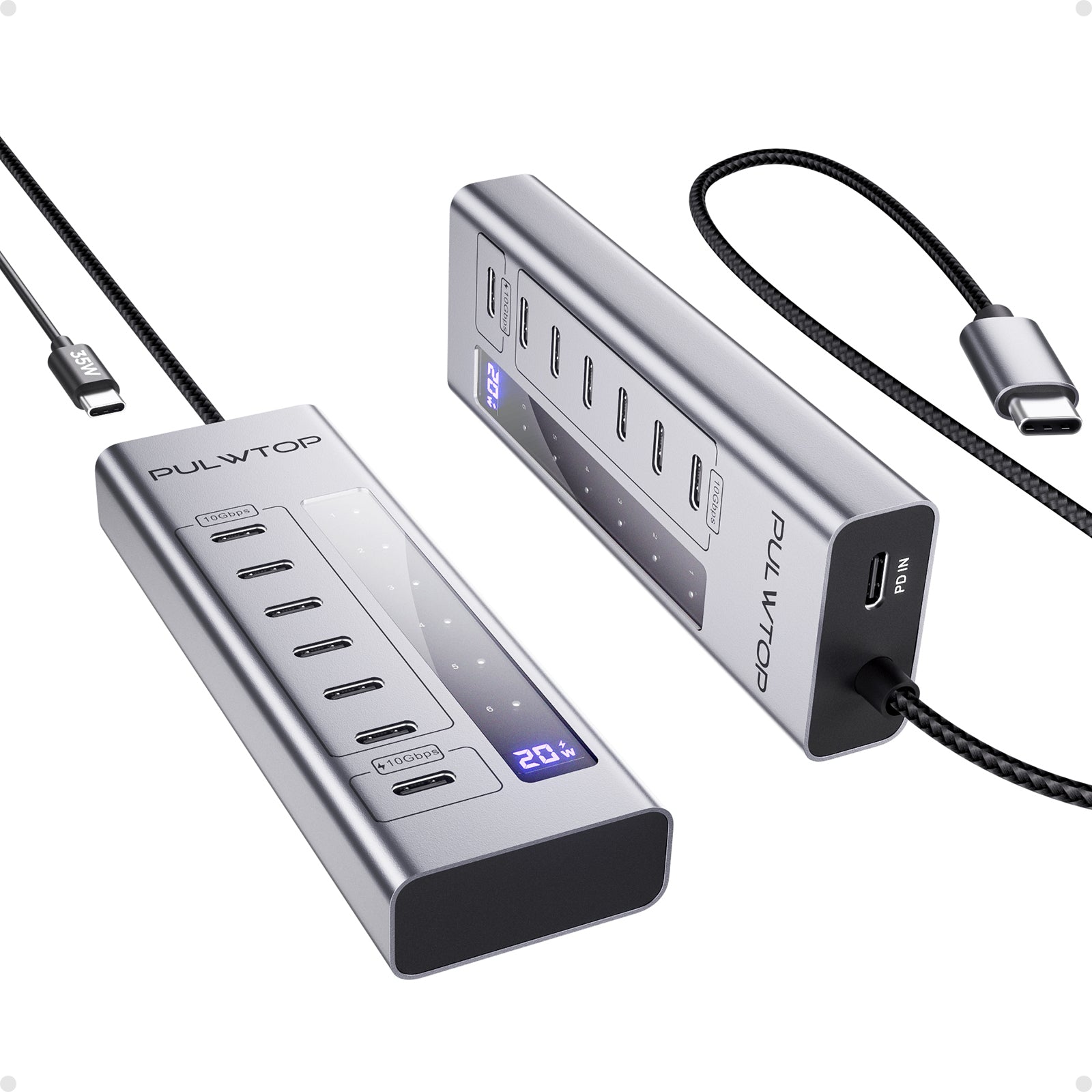 PULWTOP Powered USB C Hub, 7-in-1 USB C Hub Support 10Gbps Data&20W Charging, USB-C HUB Adapter for MacBook, iMac, iPad, Phone, and Other Laptops. (Not Support Video and Power Adapter Not Included)