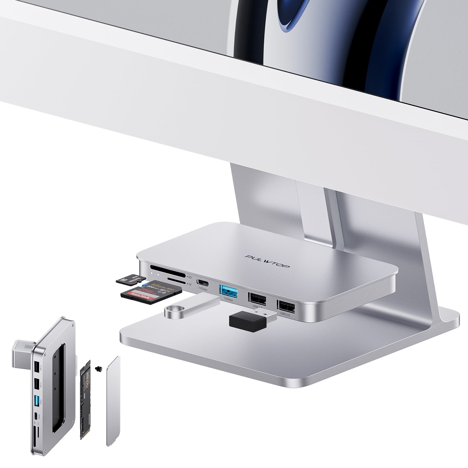 PULWTOP USB C HUB for iMac 24 inch 2021,7-in-1 iMac Hub with USB C 10Gbps USB A/C, SD/TF Card Reader,M.2 10G NVME SATA CASE