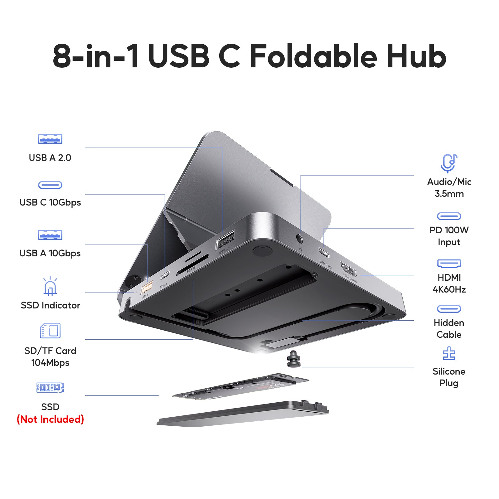 PULWTOP USB C Docking Station, With 4KHDMI, 100W PD Aluminum Hub with SSD Case, Foldable Stand Base for iPad, MacBook, Windows