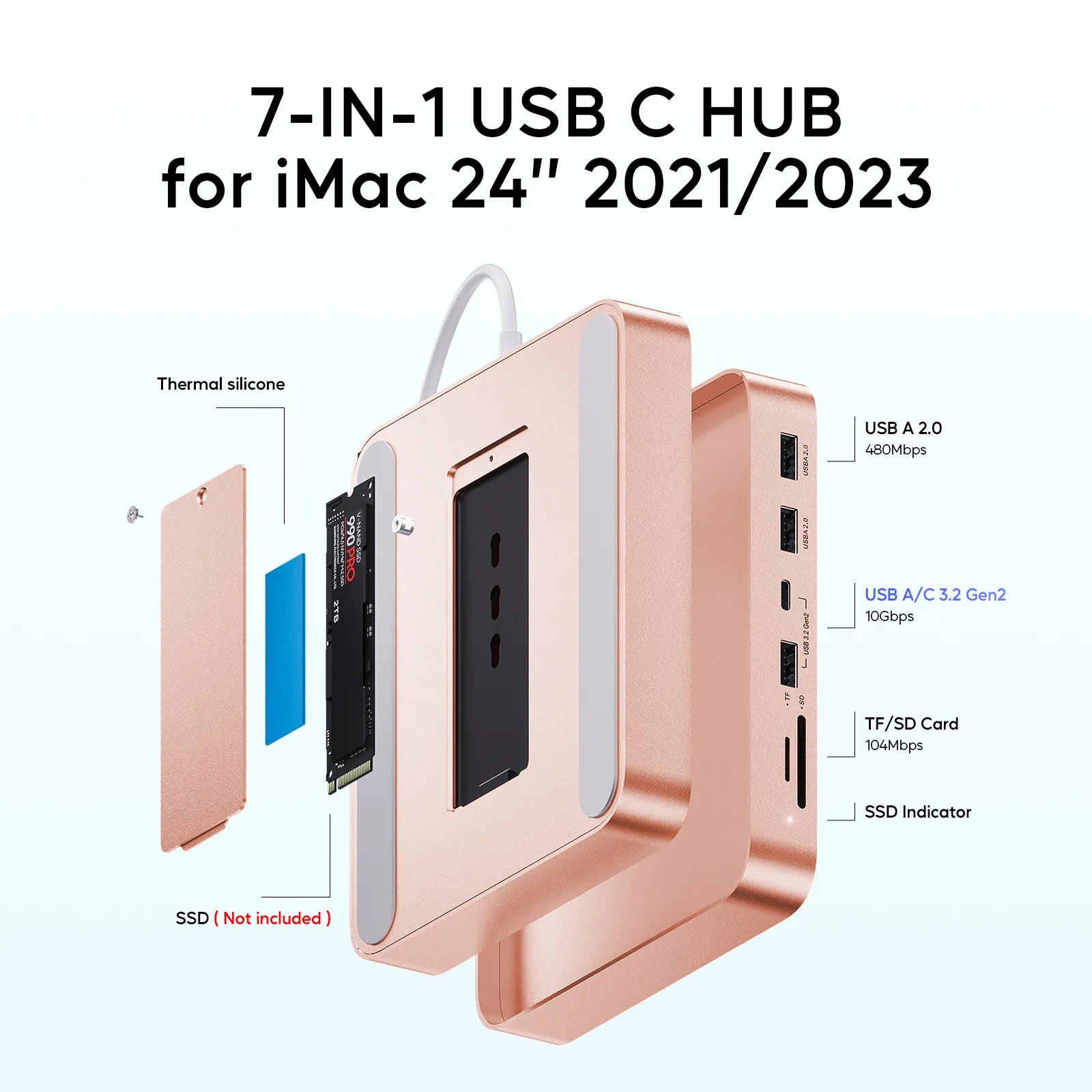PULWTOP 7-in-1 USB C HUB for iMac 24-inch 2021, USB Hub Adapter iMac Accessory, Docking Station Supports Expansion M.2 NVMe SSD (Not Included)-Orange