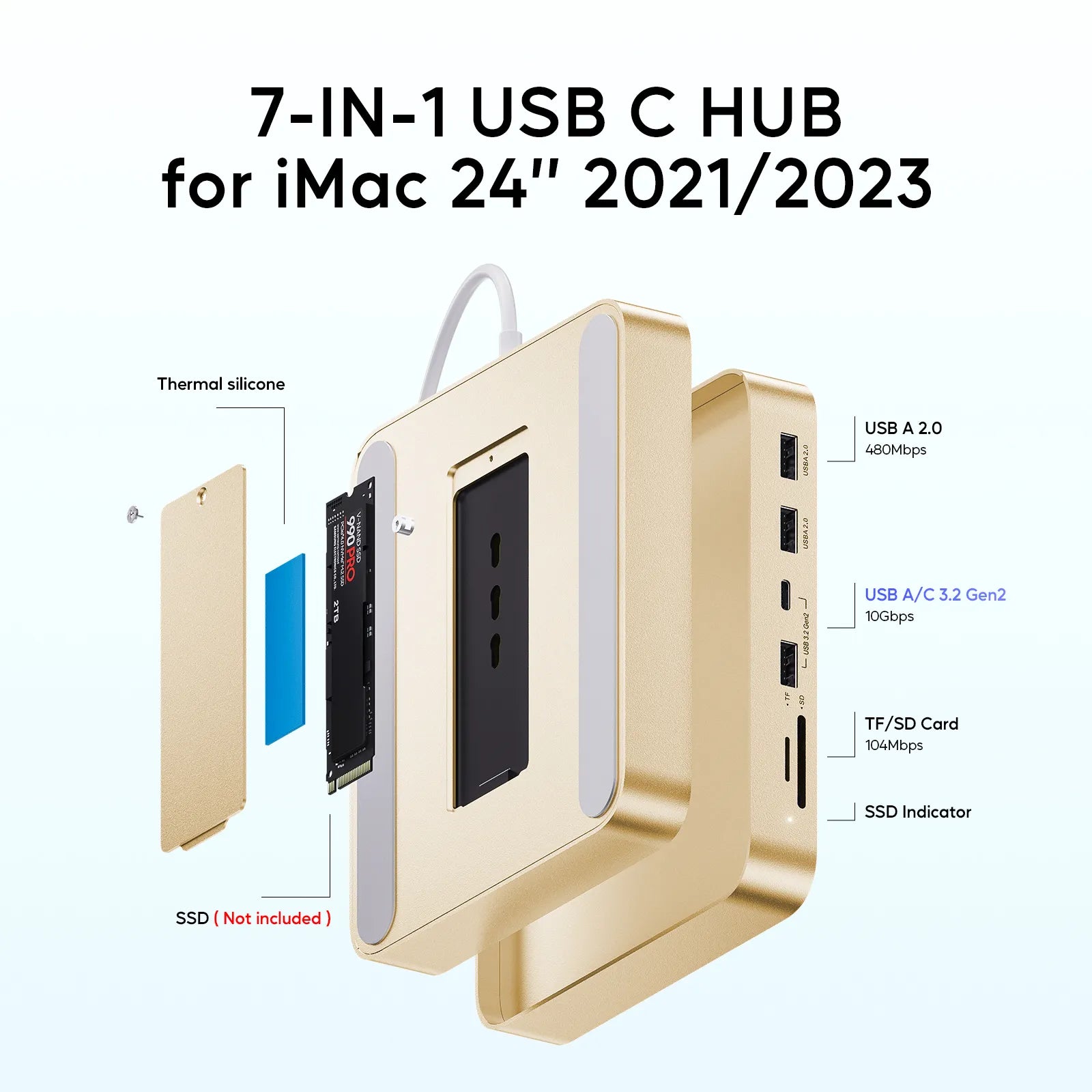 PULWTOP 7-in-1 USB C HUB for iMac 24-inch 2021, USB Hub Adapter iMac Accessory, Docking Station Supports Expansion M.2 NVMe SSD (Not Included) - Yellow