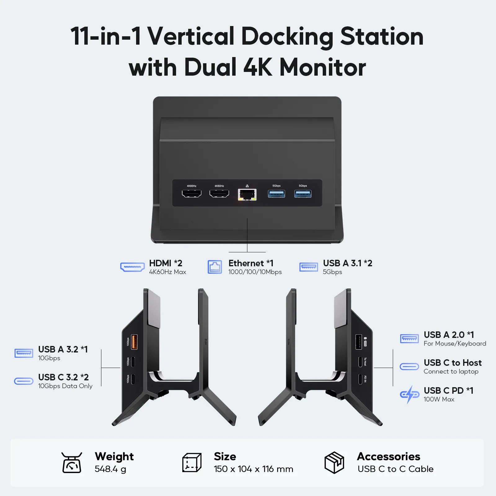 PULWTOP USB C Laptop Docking Station Dual Monitor, 11 in 1 Vertical Dock with 2 HDMI 4K, 3 USB A/C 10Gbps, 2USB-A 5Gbps, USB A 2.0, Ethernet, Docking Station Stand for Type-C Laptops - Black
