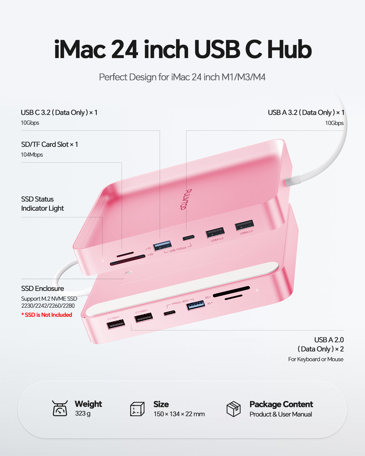 PULWTOP USB C HUB for iMac M4 with M.2 4TB SSD NVMe Enclosure( 7-in-1, M.2 SSD case, Pink)