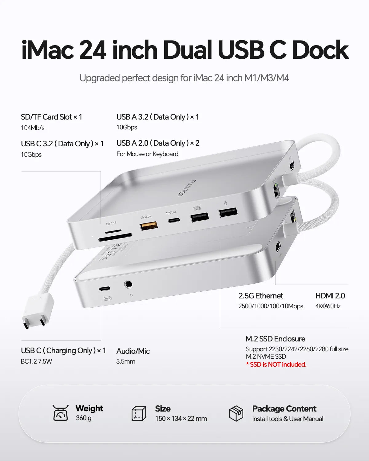 PULWTOP USB C Docking Station For iMac 24" M1/M3/M4 ( 11-in-1, M.2 SSD case, Silver)