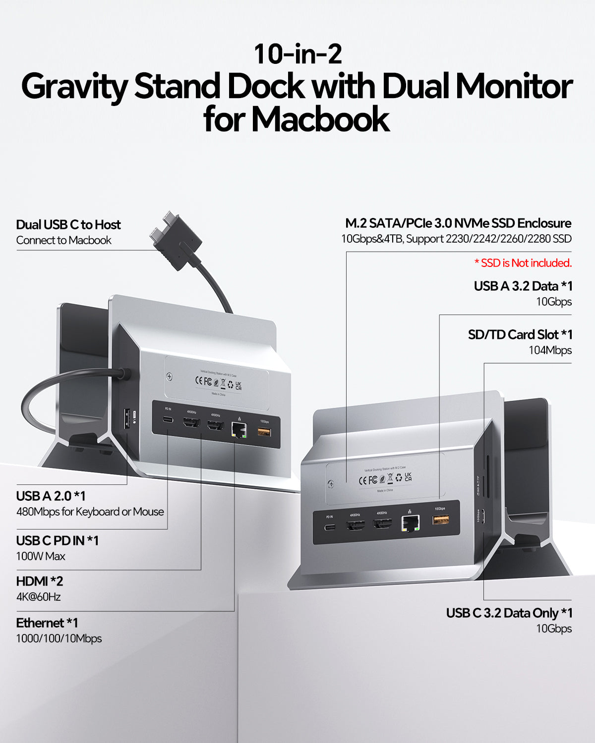 MacBook Docking Station Dual Monitor with 2 HDMI 4K@60Hz, USB A/C 10Gb