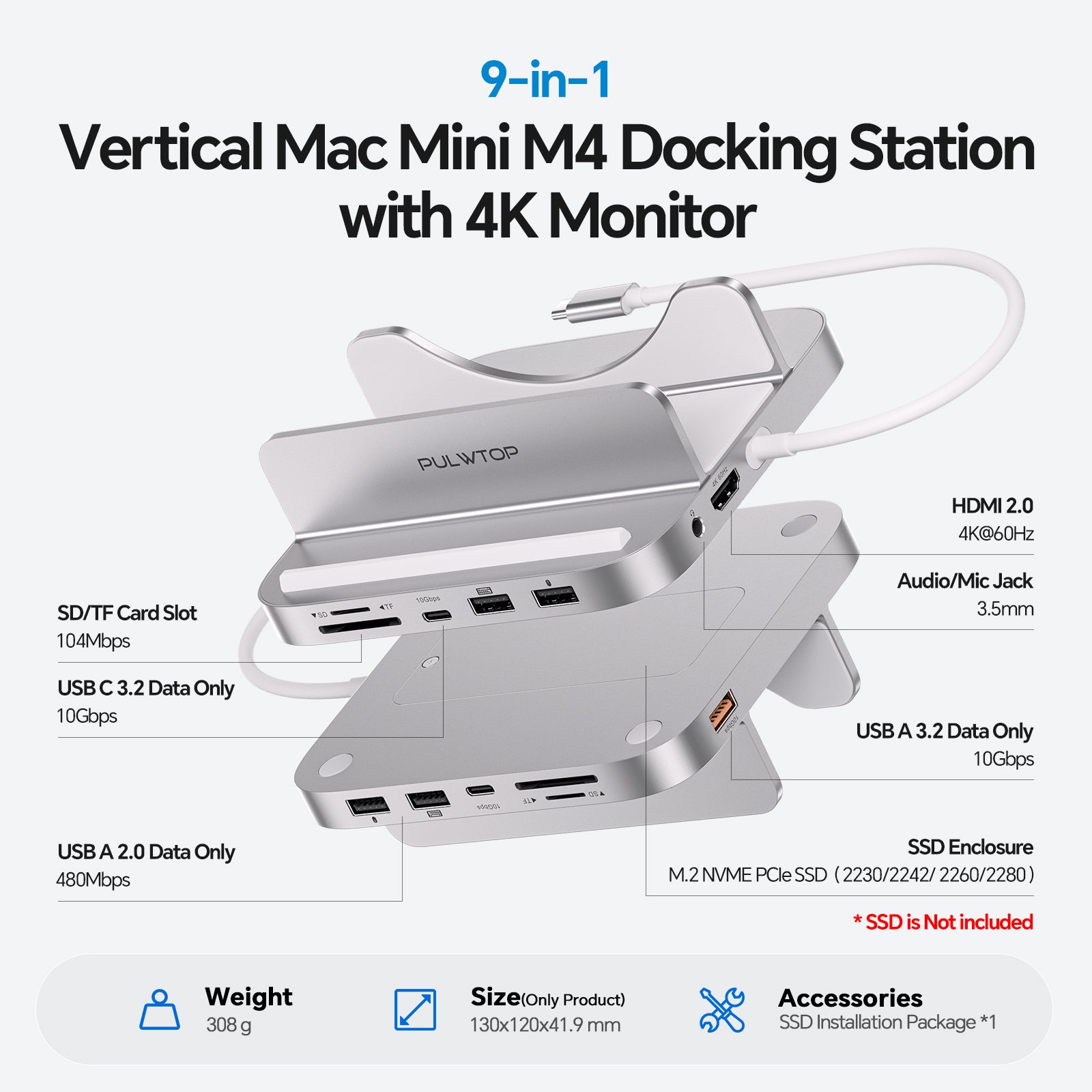 PULWTOP Mac Mini M4 Dock& Stand（9-in-1, M.2 SSD case, HDMI 4K, 10Gbps）