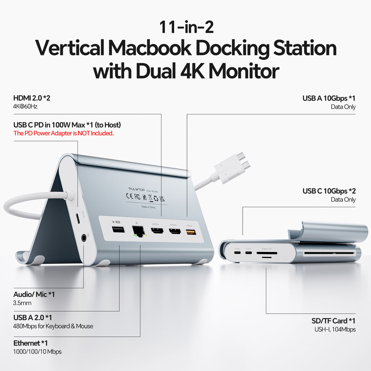 PULWTOP USB C Docking Station Dual Monitor for MacBook Pro/Air M4/M5 (2X 4K@60Hz HDMI, 10Gbps USB A/C) - Sky Blue