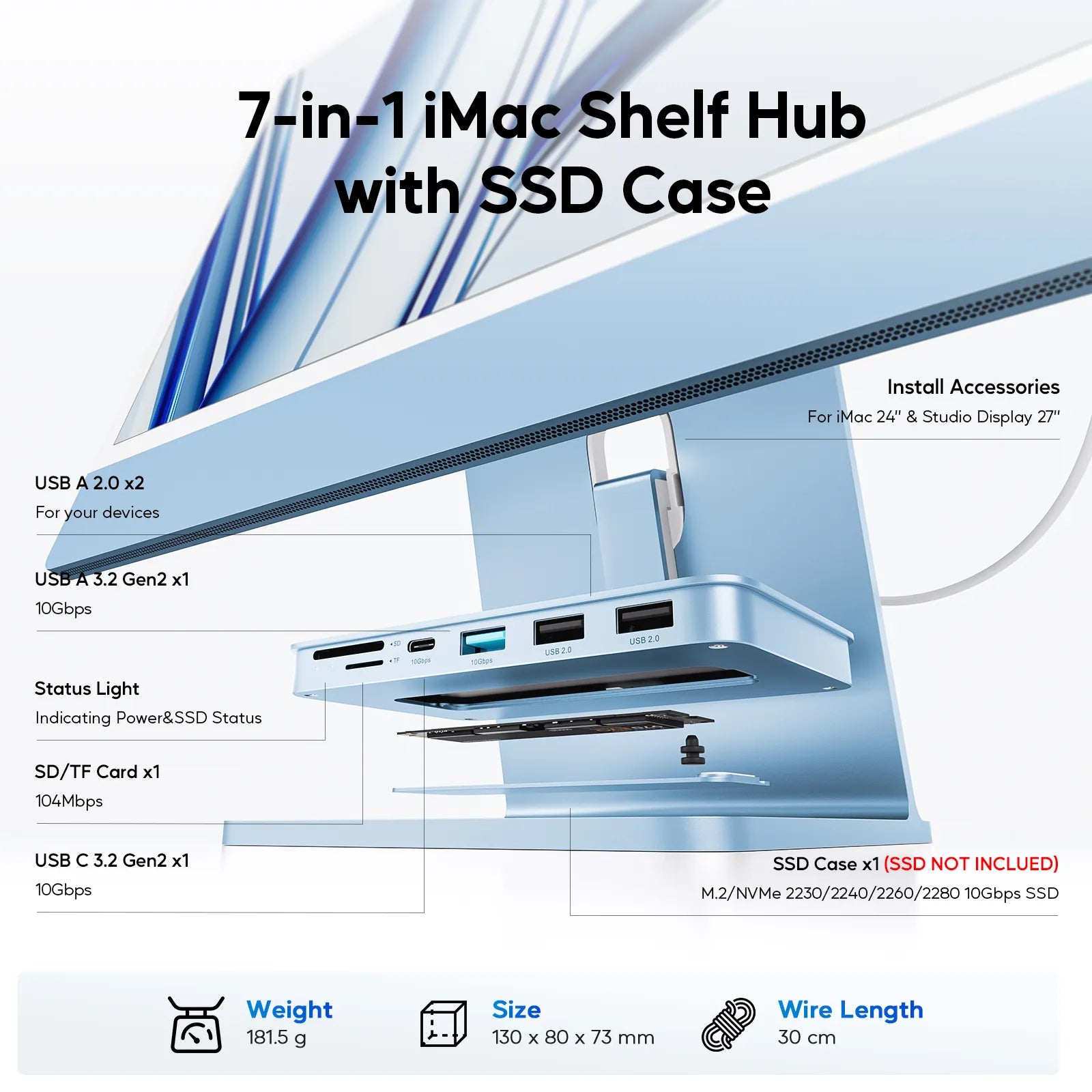 PULWTOP USB C Hub for iMac Support 10Gbps NVMe SATA SSD with USB A/C 10Gbps, iMac Hub for M1/M3, 2 USB A 2.0, SD/TF Card Reader for iMac 24 inch & Studio Display 2