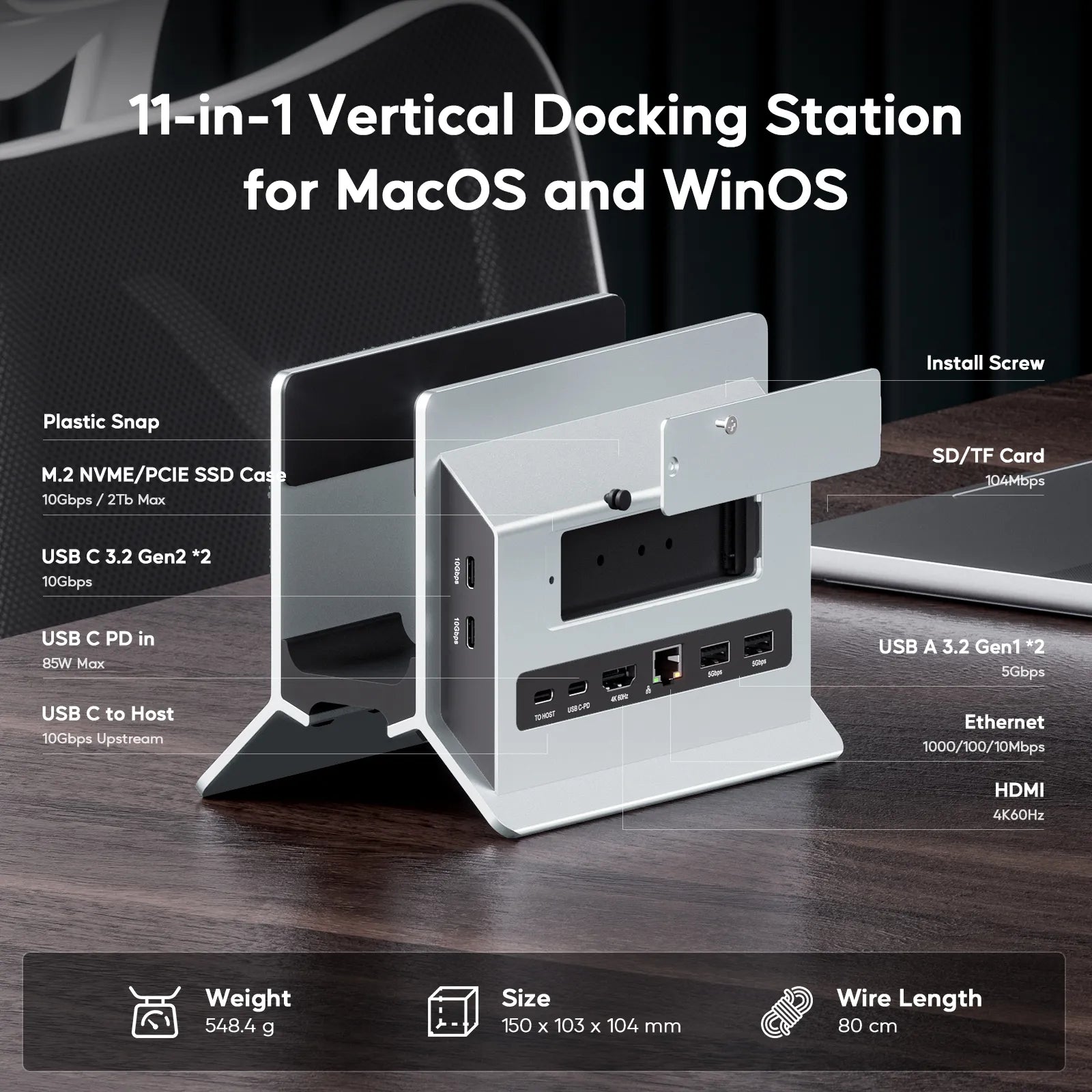 PULWTOP Vertical MacBook Docking Station,PULWTOP Docking Station Support Expand M.2 NVMe (Not Included),11 in 1 Docking Station for MacBook Pro/Air 4K@60Hz HDMI, 2USB C 10Gbps Silver