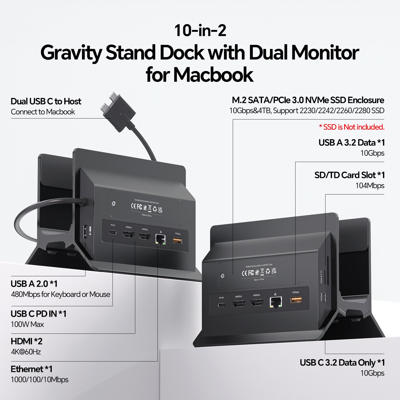 PULWTOP MacBook Docking Station Dual Monitor 4K@60Hz for MacBook Pro/Air M5/M4 (M.2 NVMe SSD Enclosure, 2 HDMI, 10Gbps USB A/C) - Black