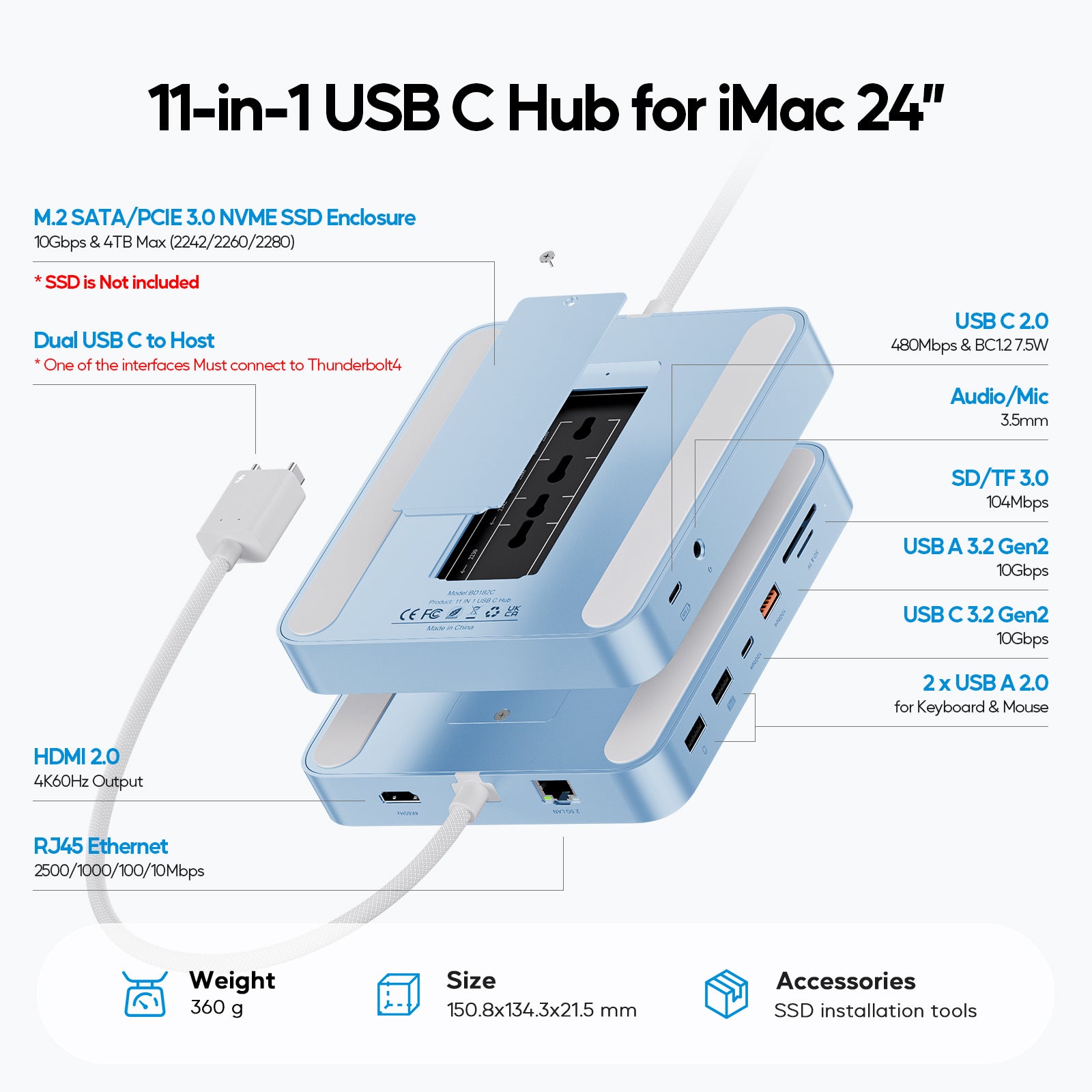 PULWTOP 11 in 1 USB C Hub for iMac 24 inch 2021 2023 2024 USB Hub Docking Station Support M.2 SSD (NOT Included), iMac M1 M3 M4 Accessories, 4K HDMI, 2.5G Ethernet, 5 USB A/C 3.2 10Gbps, SD/TF - Blue