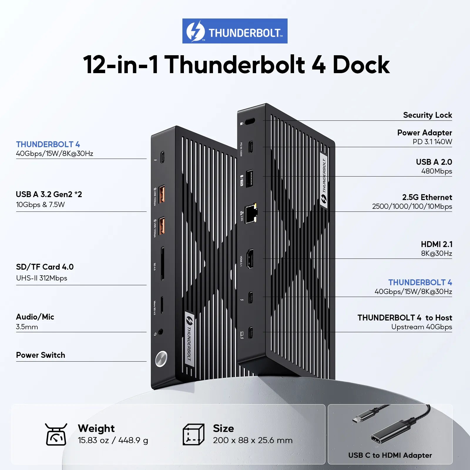 Thunderbolt 4 Dock with PD3.1 140W Adapter - 40Gbps Laptop Docking Station Dual Monitor with Single 8K/6K Display, Dual 4K, SD/TF 4.0, 2.5GbE, USB A/C for Mac&Win Os, Thunderbolt Certified