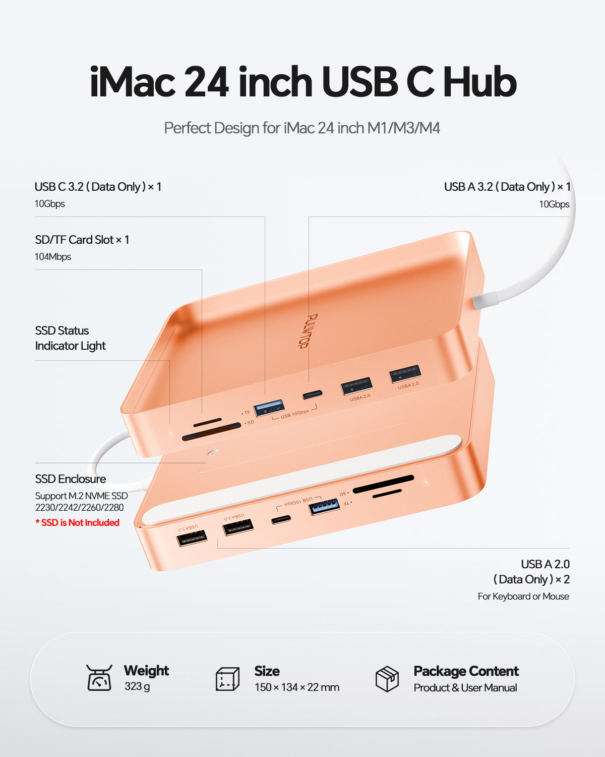 PULWTOP USB C Hub For iMac 24" M1/M3/M4 ( 7-in-1, M.2 SSD case, Orange）