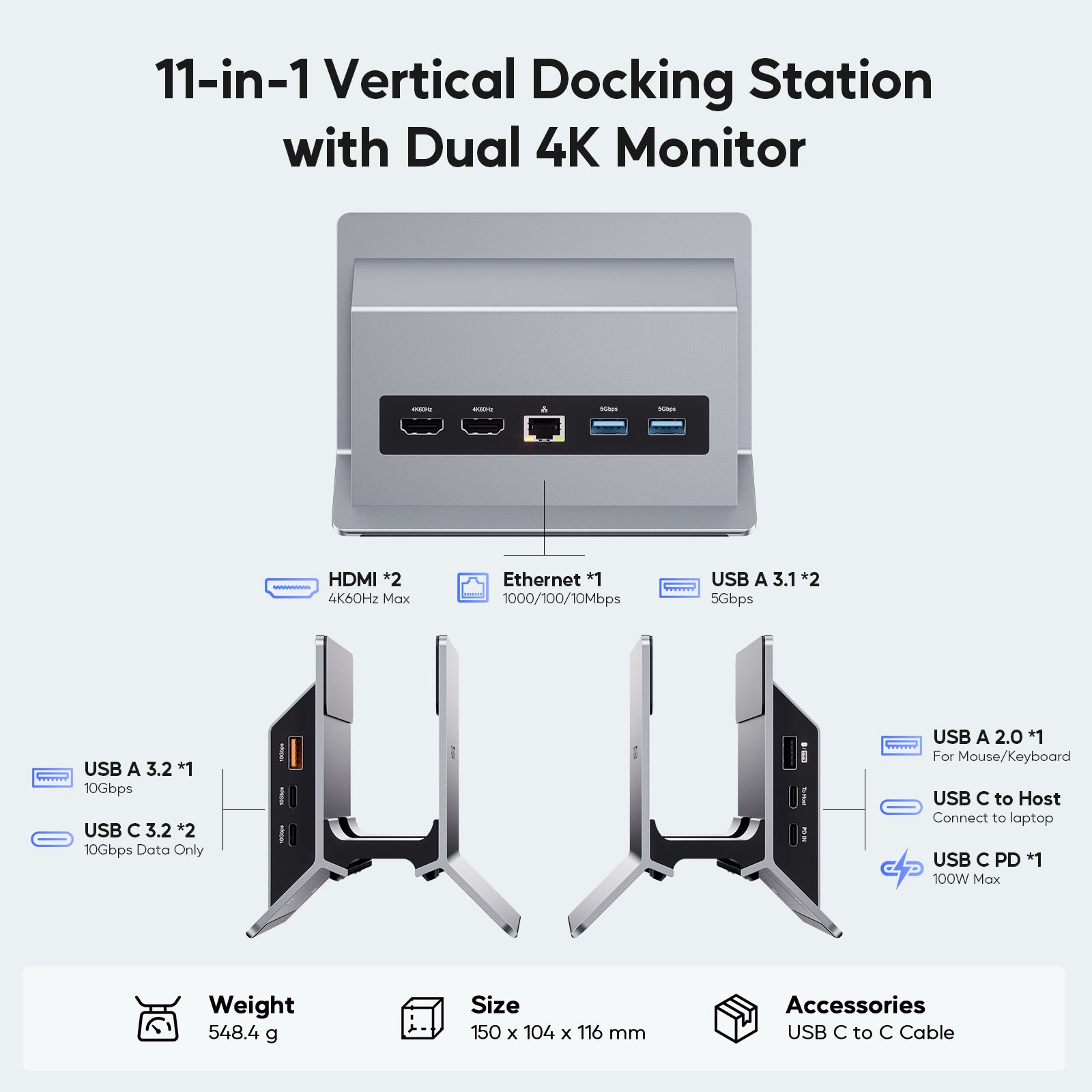 PULWTOP PULWTOP 11 in 1 USB C Docking Station Dual Monitor, Vertical Laptop Dock Stand with 2 x HDMI 4K 60Hz, 3 x USB A/C 10Gbps, 2 x USB A 5Gbps, USB A 2.0, Ethernet, PD3.0 Docking Station for Type-C Laptops