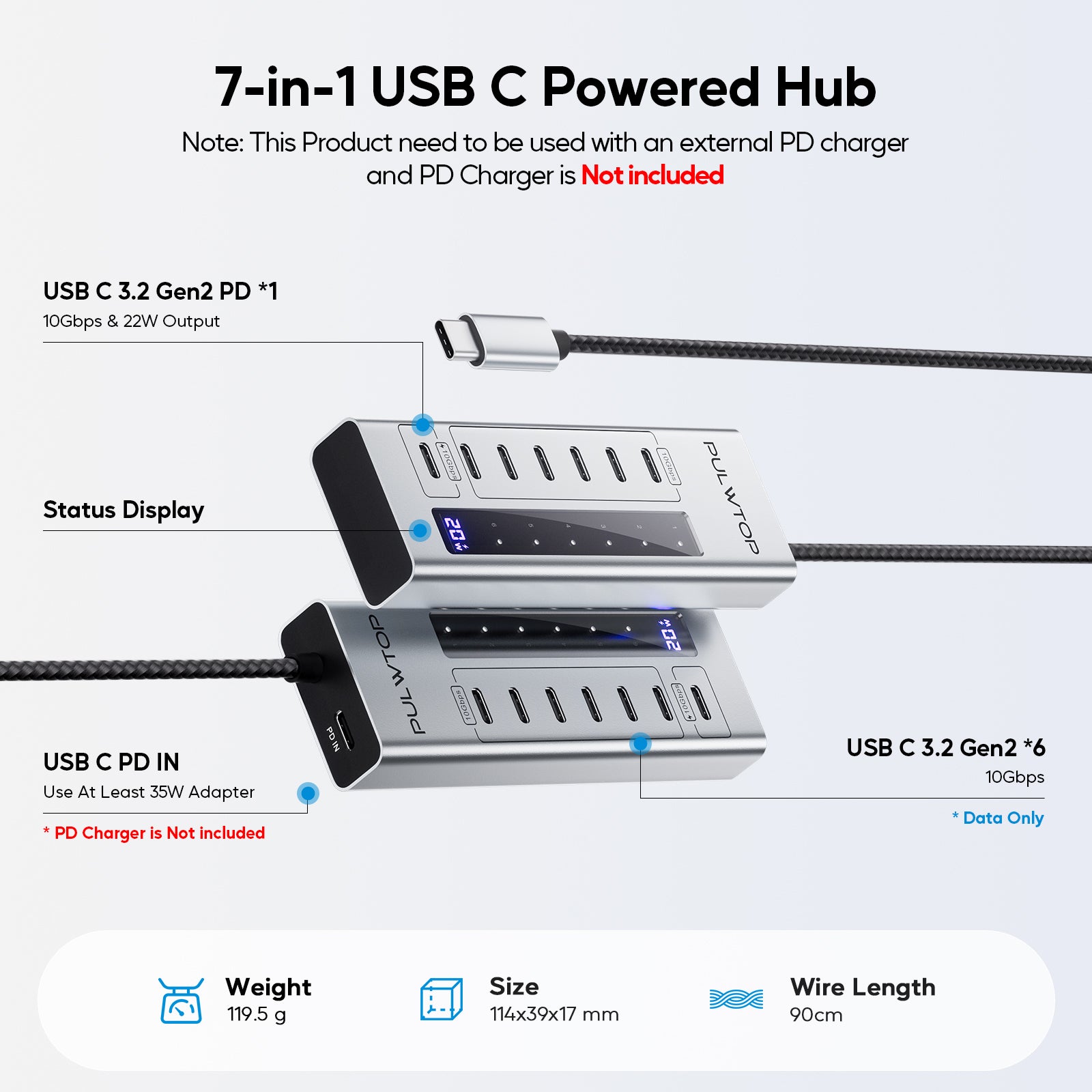 PULWTOP Powered USB C Hub, 7-in-1 USB C Hub Support 10Gbps Data&20W Charging, USB-C HUB Adapter for MacBook, iMac, iPad, Phone, and Other Laptops. (Not Support Video and Power Adapter Not Included)