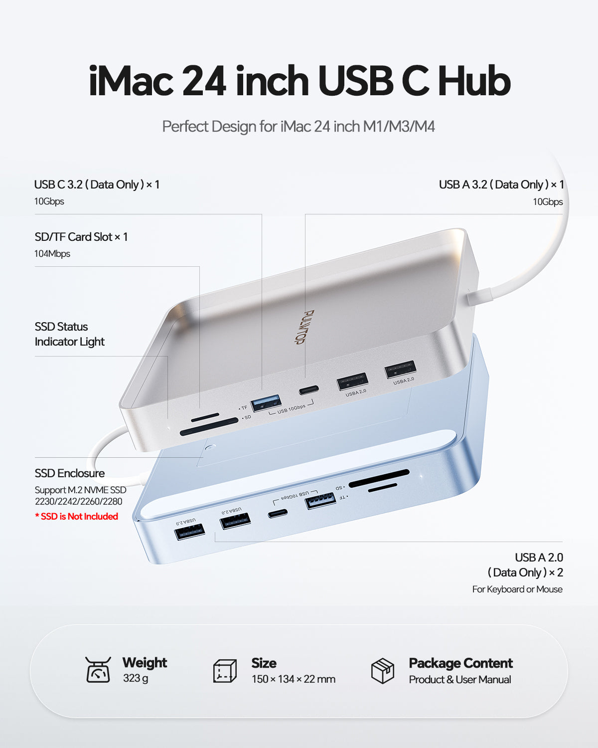 PULWTOP USB C Hub For iMac 24" M1/M3/M4 ( 7-in-1, M.2 SSD case, Blue）