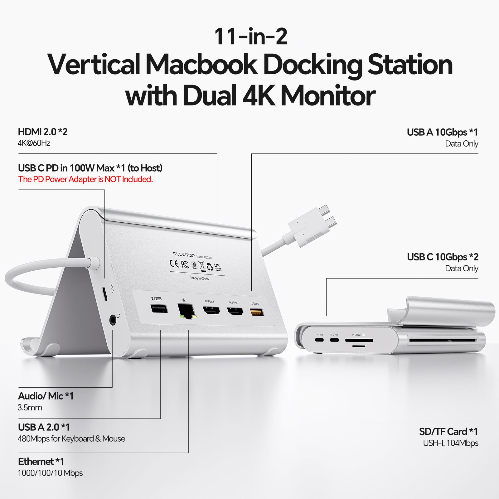 PULWTOP USB C Docking Station Dual Monitor for MacBook Pro/Air M4/M5 (2X 4K@60Hz HDMI, 10Gbps USB A/C) - Silver