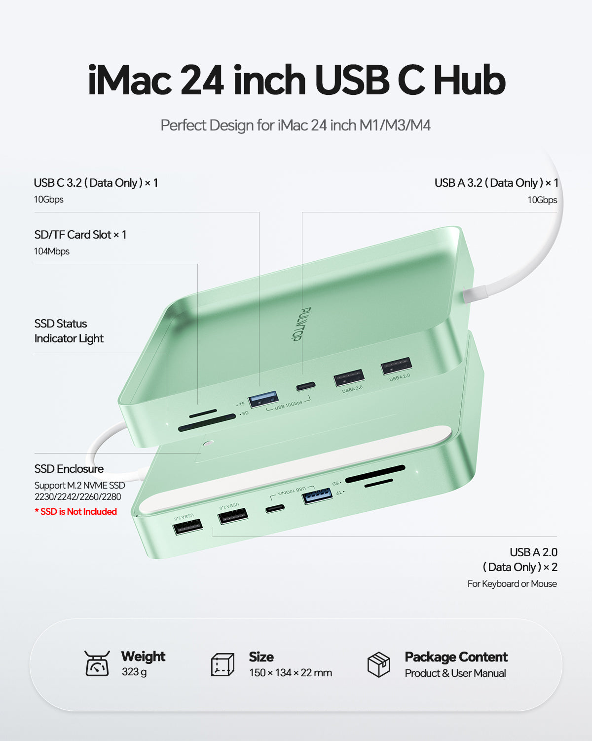 PULWTOP USB C Hub For iMac 24" M1/M3/M4 ( 7-in-1, M.2 SSD case, Green）