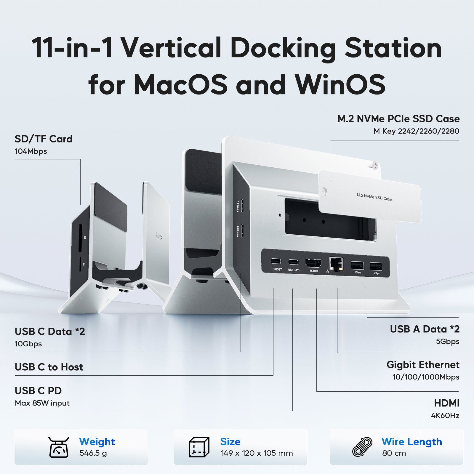 PULWTOP Vertical MacBook Docking Station,PULWTOP Docking Station Support Expand M.2 NVMe (Not Included),11 in 1 Docking Station for MacBook Pro/Air 4K@60Hz HDMI, 2USB C 10Gbps Silver