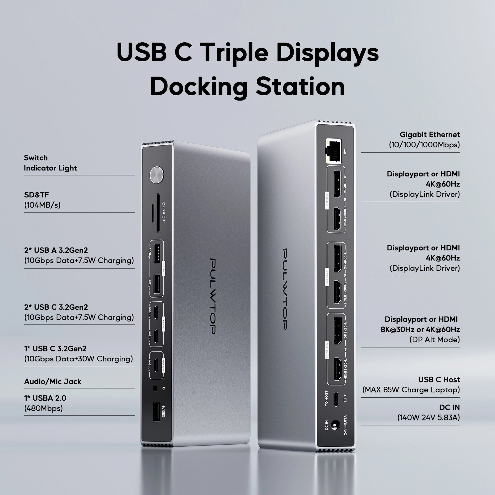 PULWTOP USB C DisplayLink Dock Triple Displays for MacBook M1/M2/M3 Windows