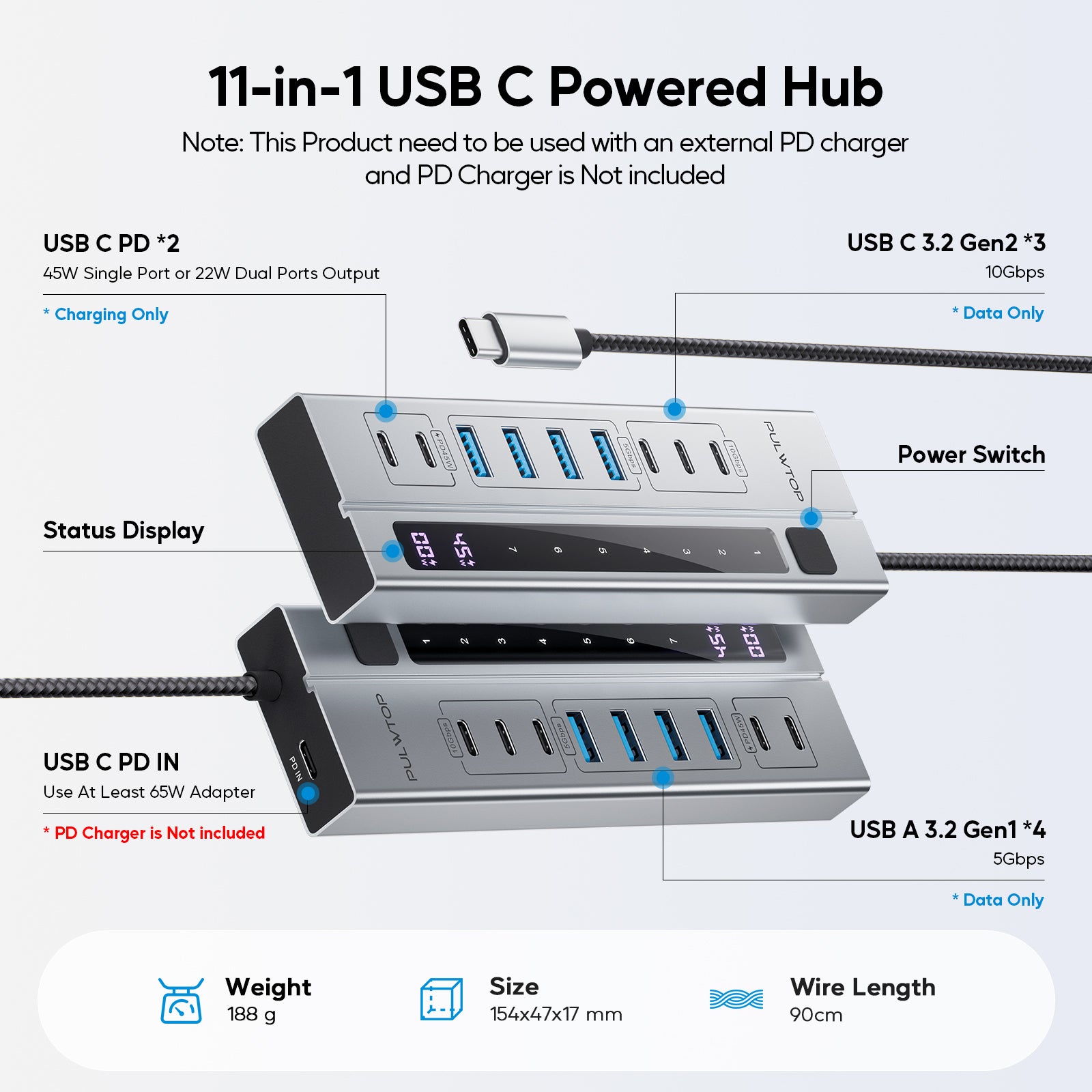 PULWTOP 9-in-1 USB 3.2 Data Hub, Power Adapter NOT Included, Powered USB C Hub with 3 x USB-C 10Gbps, 4 x USB-A 5Gbps and 2 x 24/45W USB-C PD Charging Ports USB Hub for MacBook Laptops Tablets