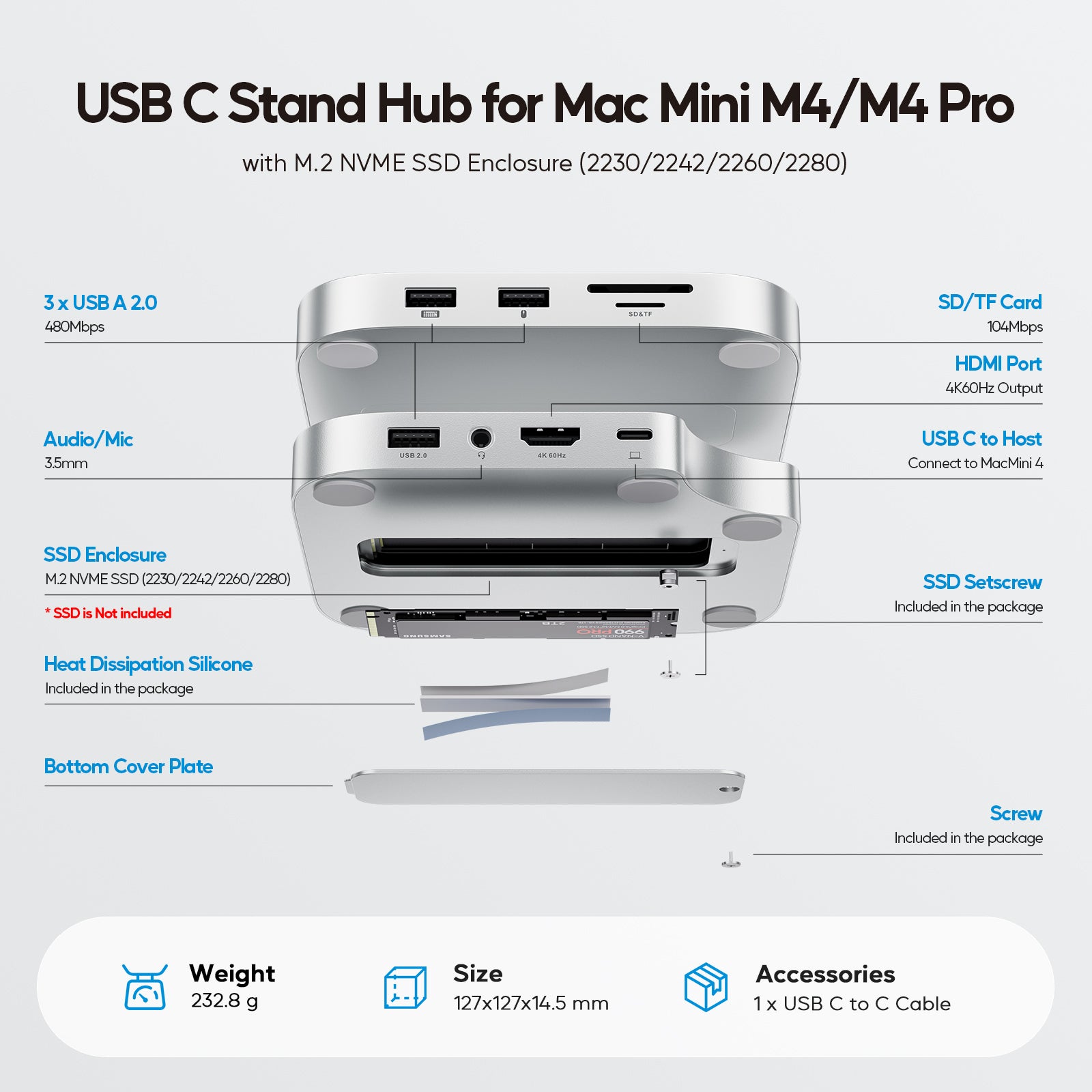 PULWTOP Mac Mini M4 Hub Stand with M.2 SSD Enclosure, 9-in-1 Mac Mini M4 Dock Mount with HDMI 4K 60Hz, 3 x USB A 2.0, SD/TF 3.0, 3.5mm Audio/Mic, USB C Hub Accesorios for  Mac Mini M4/M4 Pro