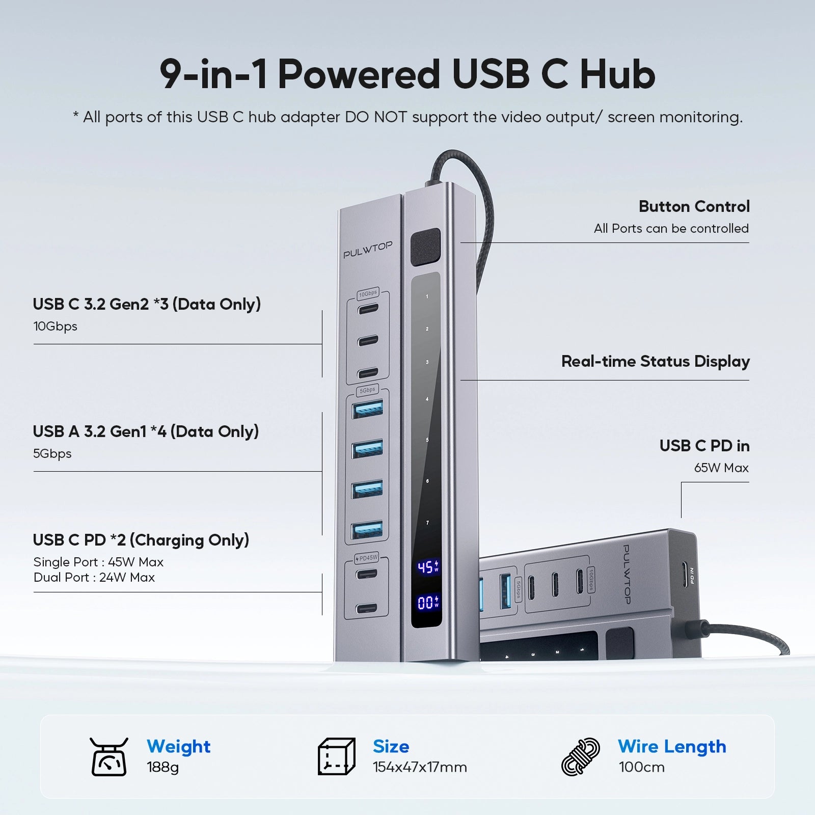 PULWTOP 9-in-1 Powered USB C Hub, USB 3.2 Data Hub with 65W PD-in Power Adapter