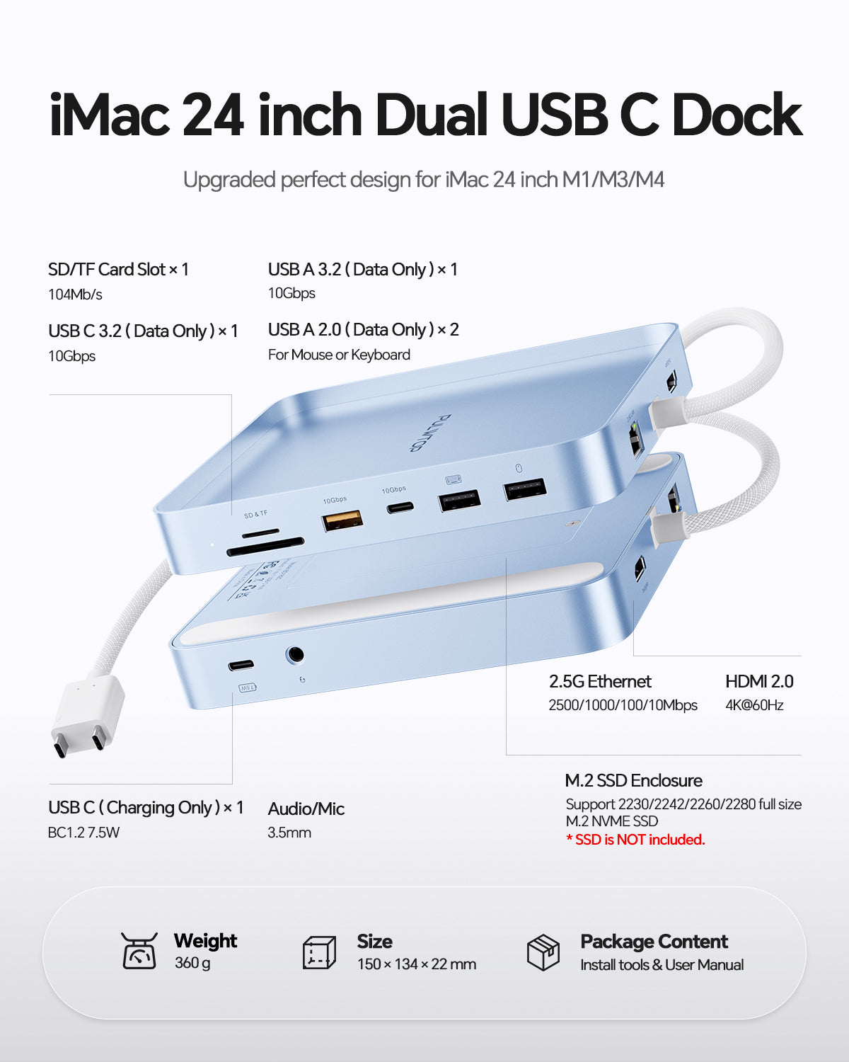 PULWTOP USB C Docking Station For iMac 24" M1/M3/M4 ( 11-in-1, M.2 SSD case, Blue)