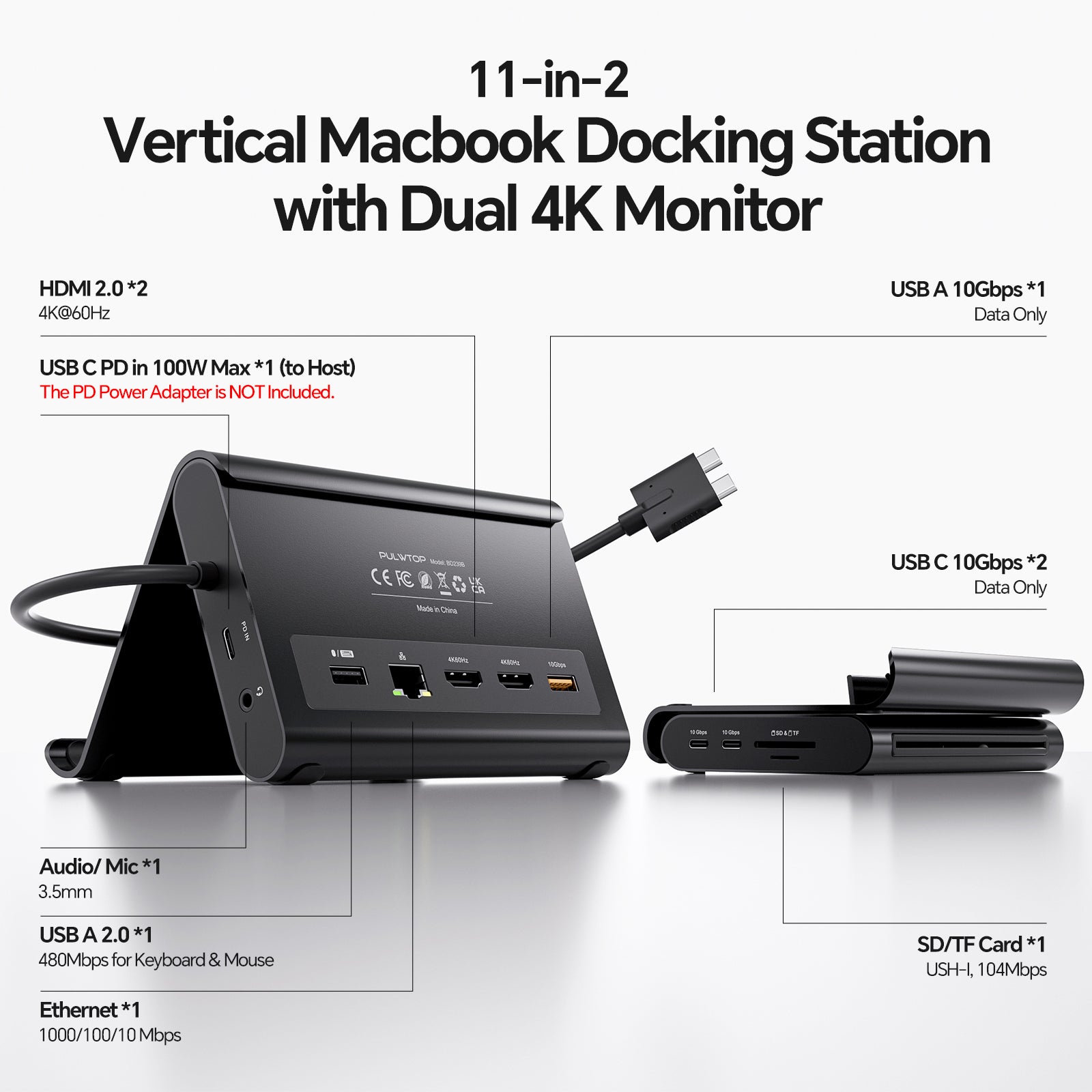 PULWTOP MacBook Docking Station Dual 4K@60Hz Monitor ( 2 HDMI, PD, Ethernet, USB A/C 10Gbps, Audio)-Black